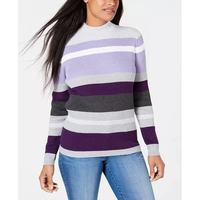 Karen Scott Women's Striped Mock-Neck Cotton Sweater Purple Size Large