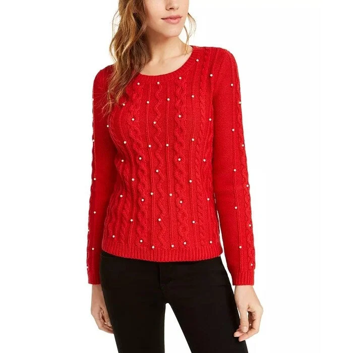 Maison Jules Women's Imitation Pearl Cable Knit Sweater Red Size Small