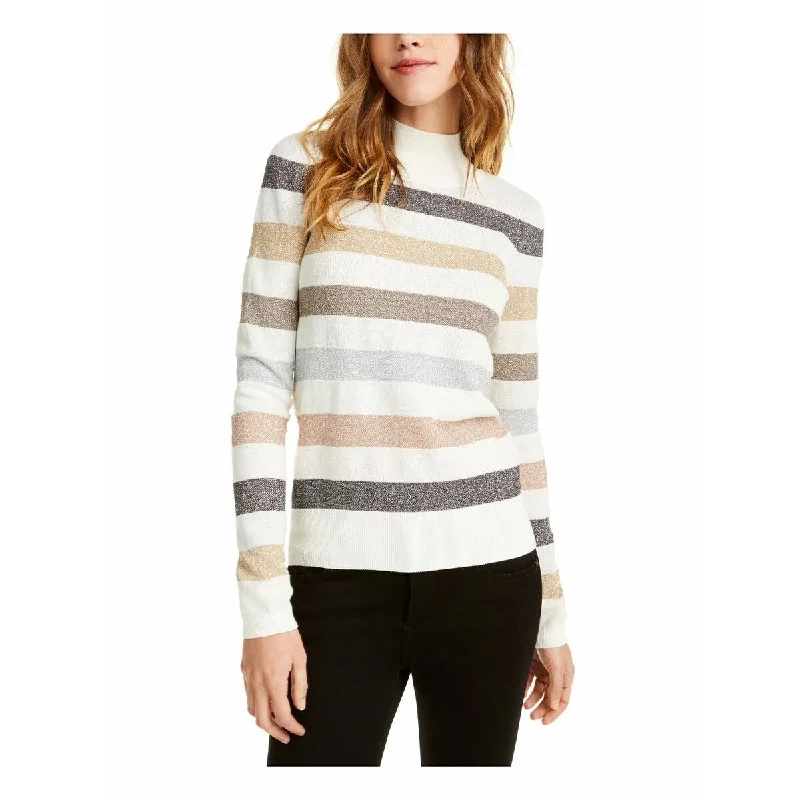 Maison Jules Women's Mock-Neck Metallic Stripe Sweater White Size Small