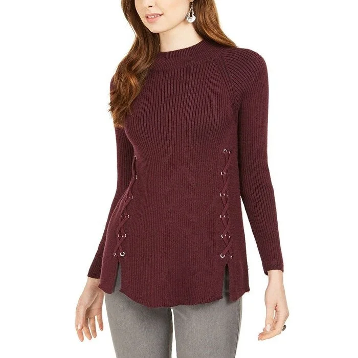 Style & Co Women's Mock Neck Lace-Up Ribbed Knit Sweater Red Size Small