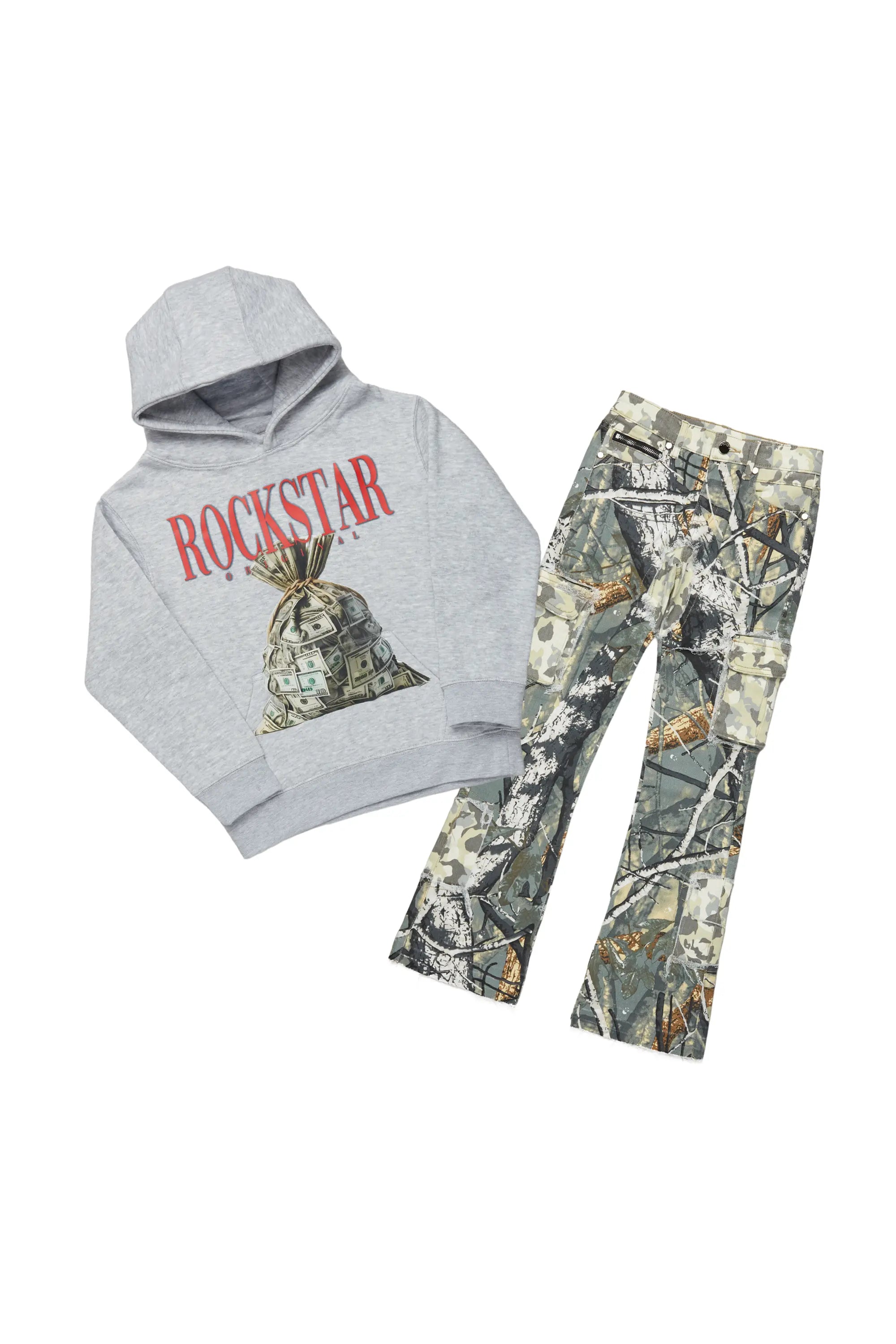 Boys Augustin Grey/Tree Camo Hoodie/Stacked Flare Jean Set