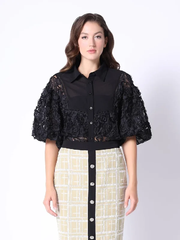 Floral Applique Bell Sleeve Yoke Shirt