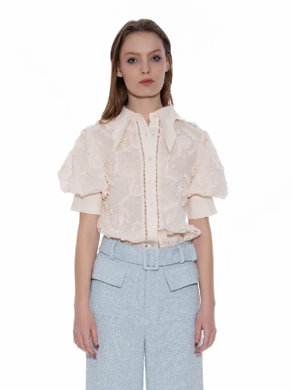 Floral Embroidered Puffer Short Button-Down Shirt