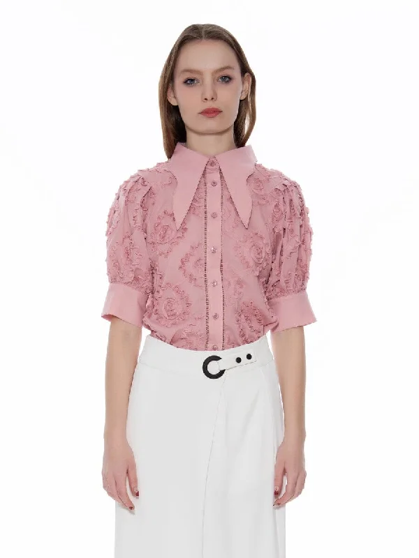 Flower Design Wing Collar Short Button-Down Shirt