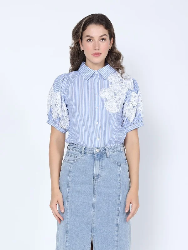 Flower Embroidered Striped Puff Sleeve Shirt