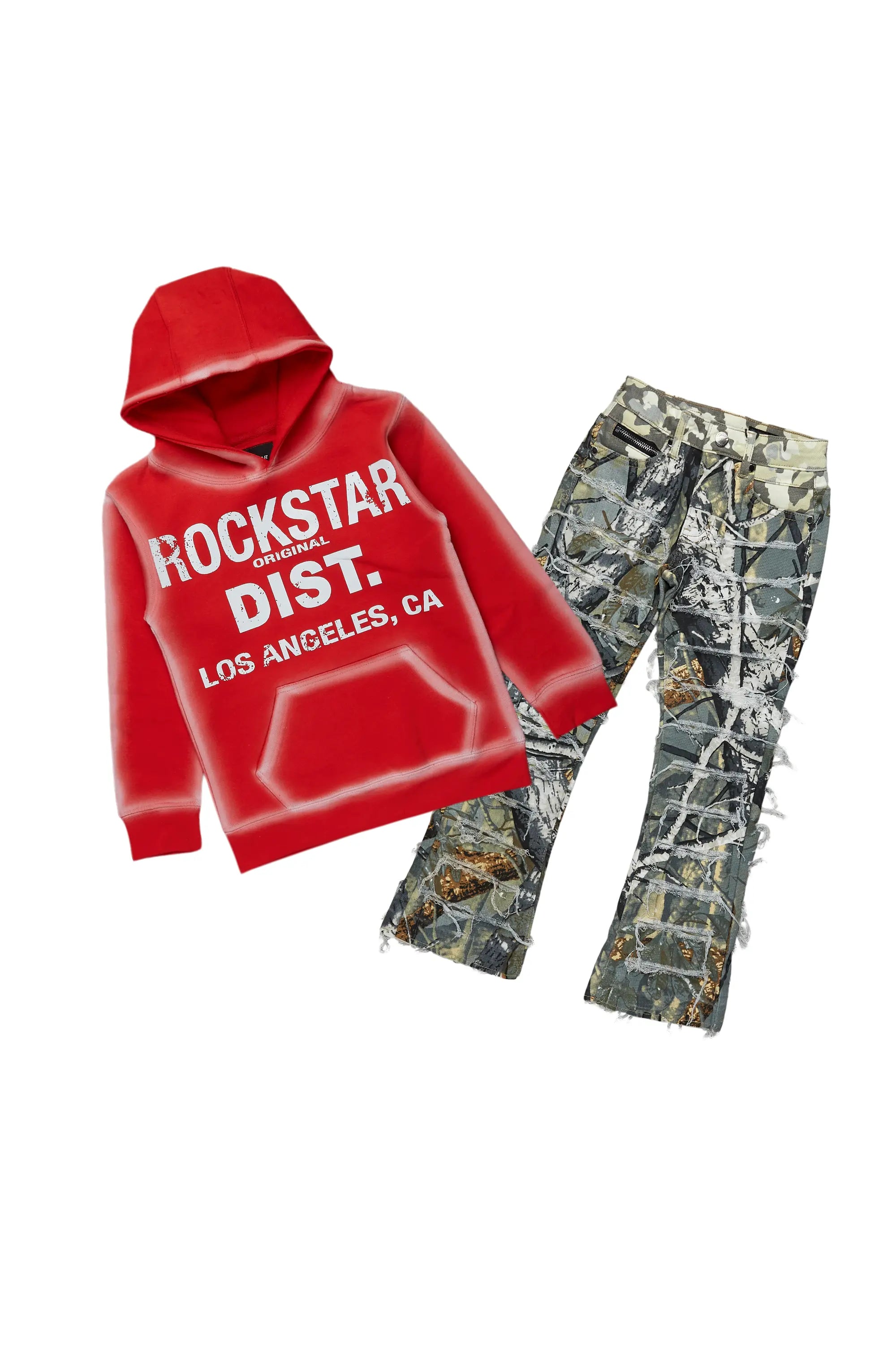 Boys Bridger Red/Tree Camo Hoodie/Stacked Flare Jean Set