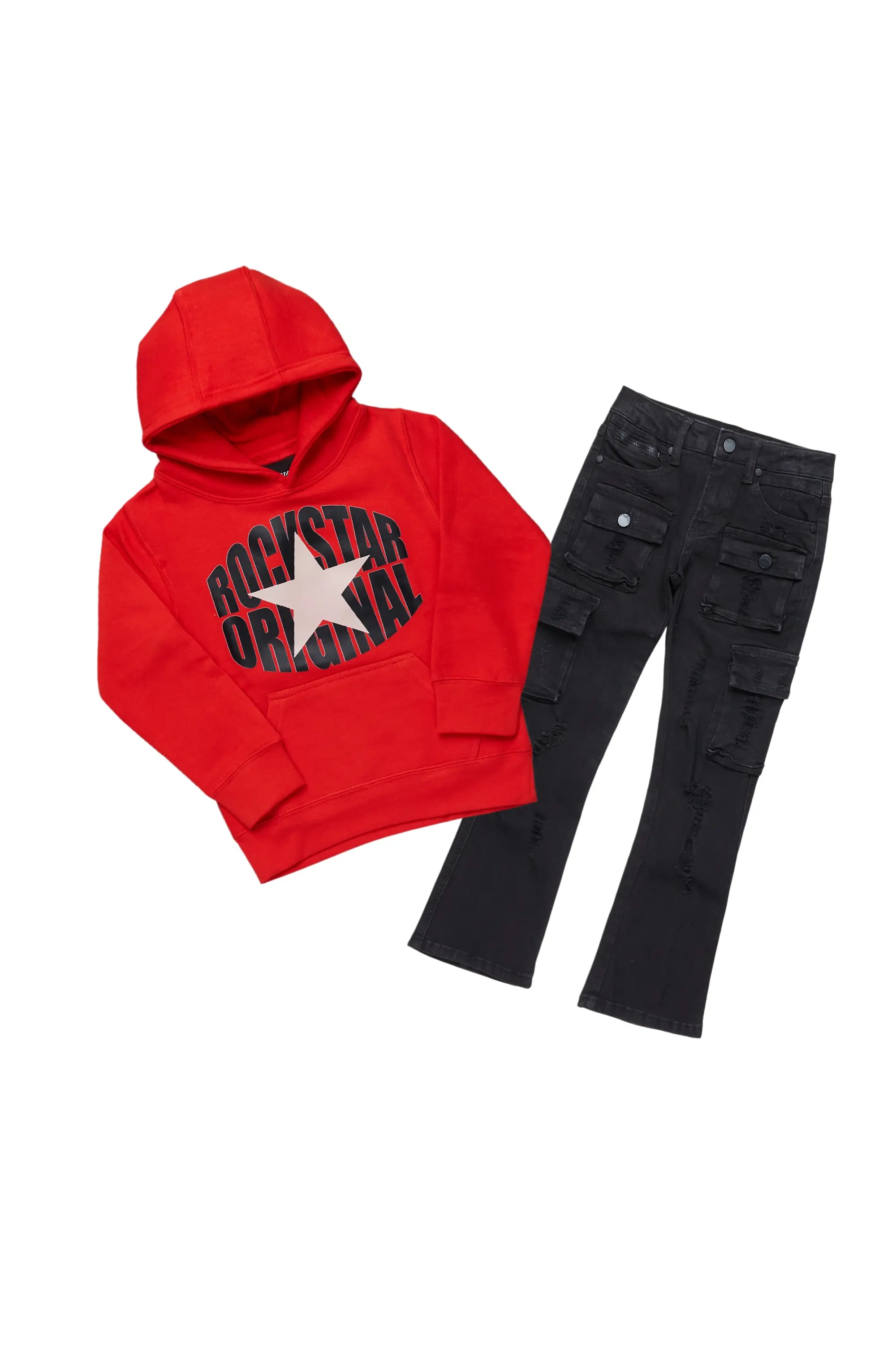 Boys Ezry Red/Black Hoodie/Stacked Flare Jean Set