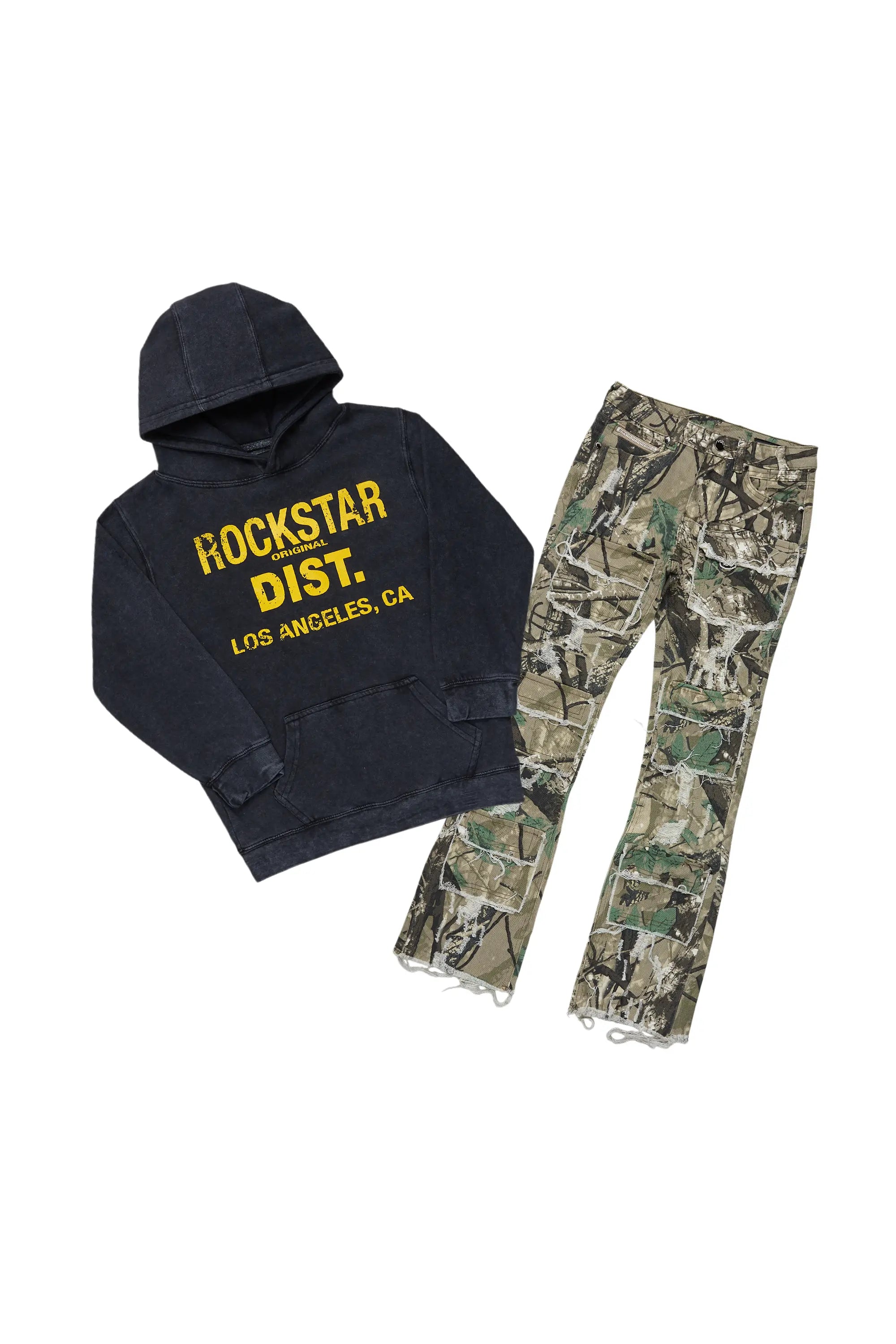 Boys Koen Black/Camo Hoodie/Stacked Flare Jean Set