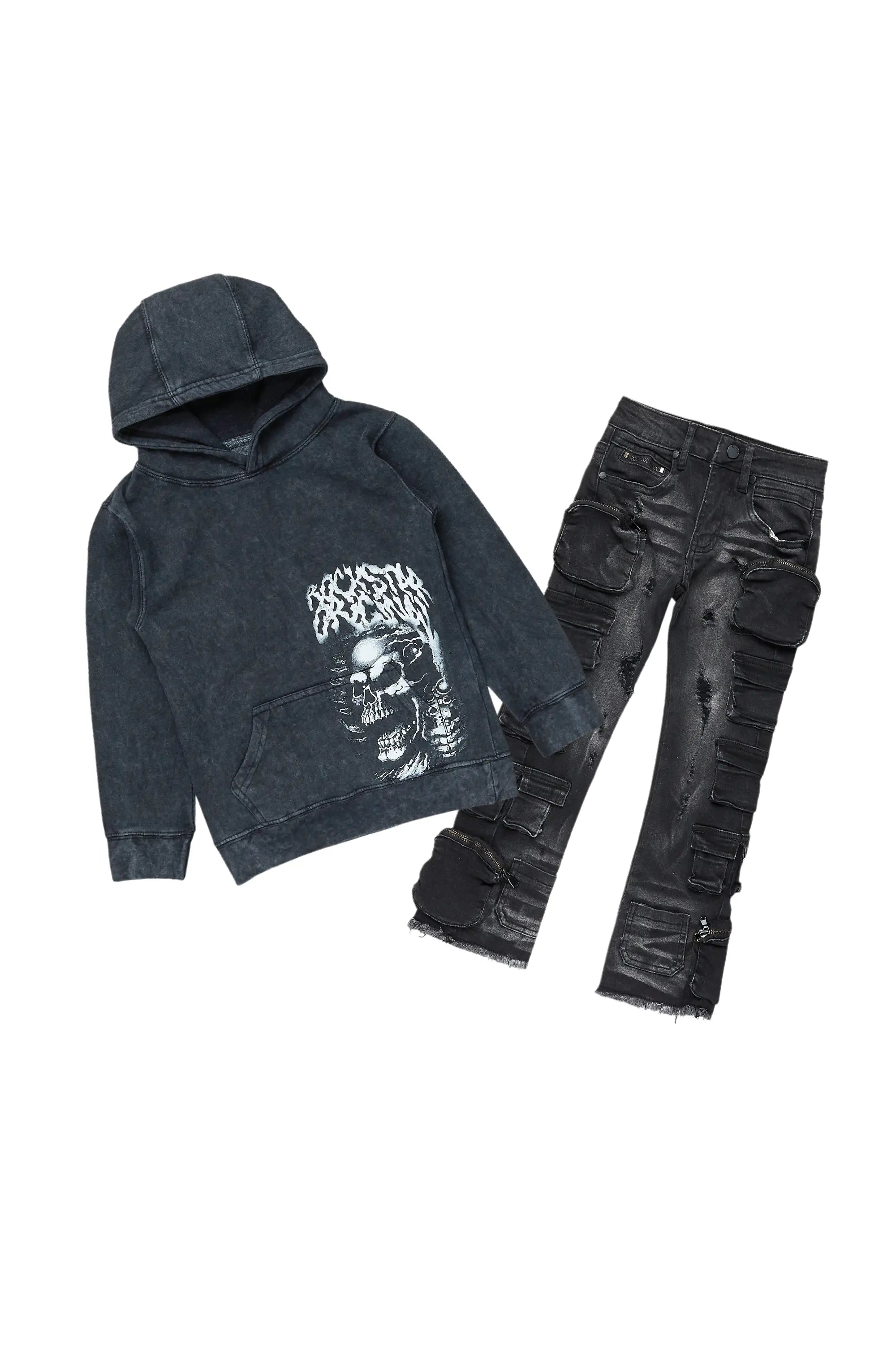 Boys Root Vintage Black Hoodie/Cargo Stack Flare Jean Set