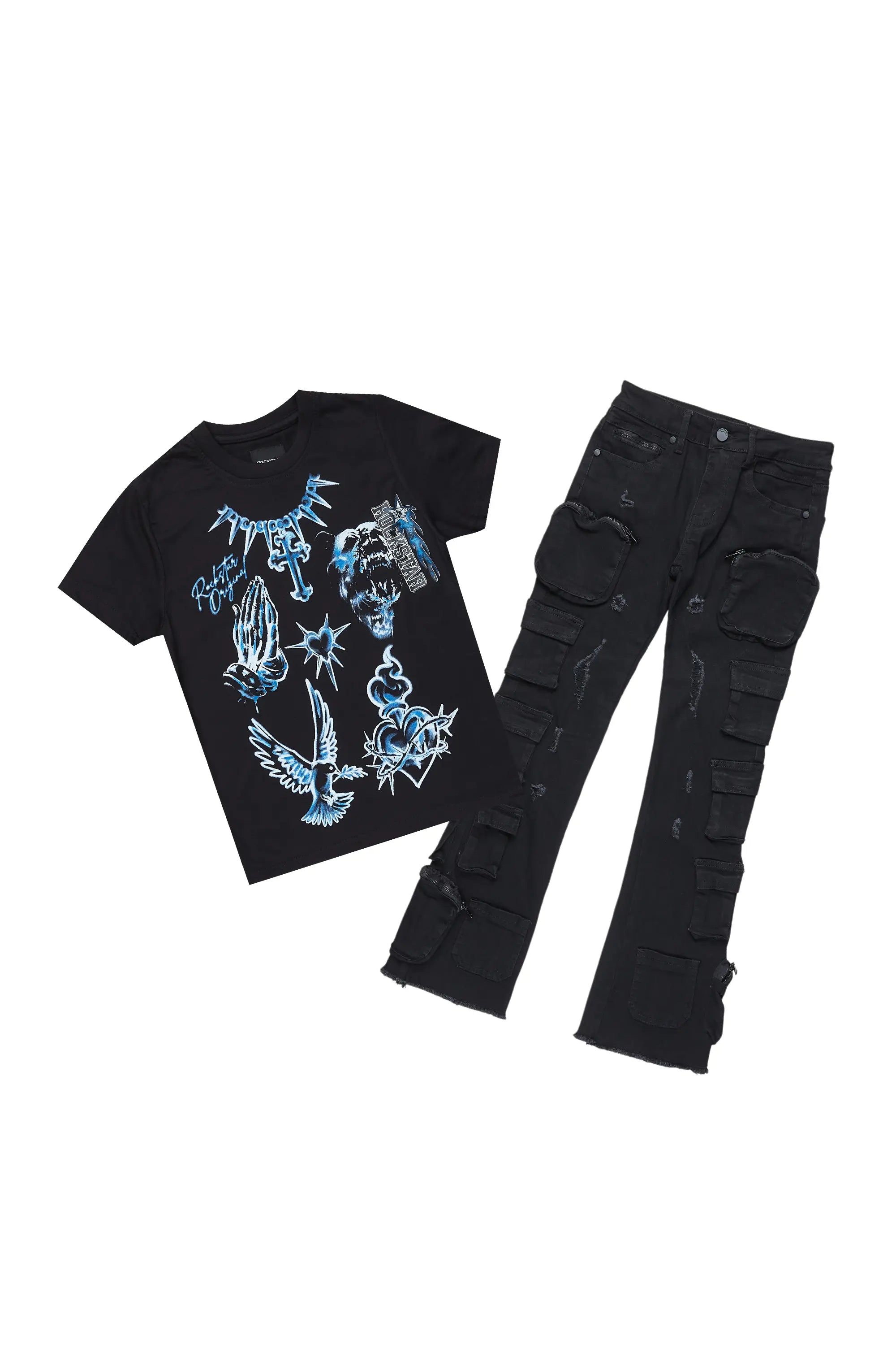 Boys Valar Black T-Shirt/Cargo Stack Flare Jean Set