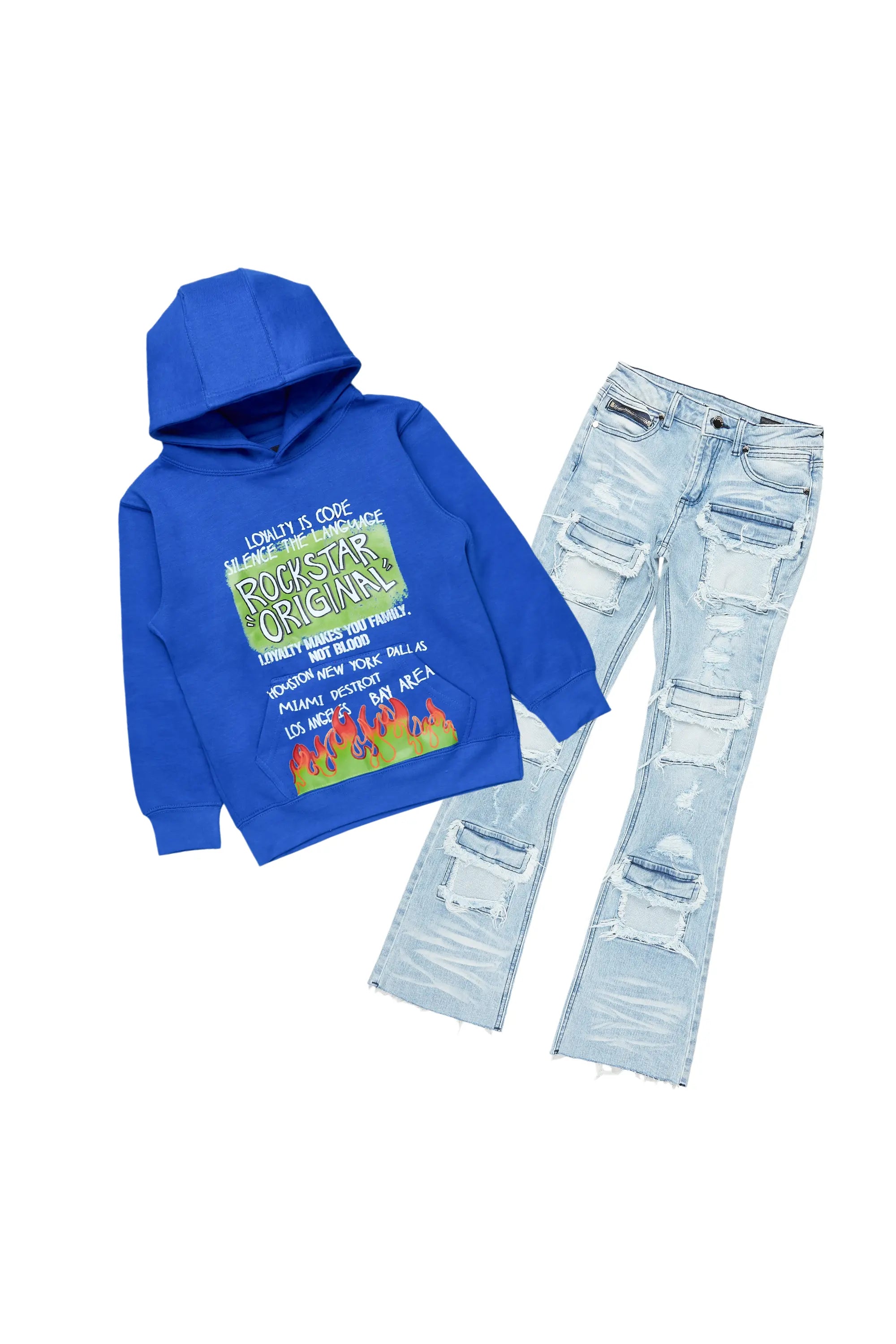 Boys Beno Royal Hoodie/Stacked Flare Jean Set