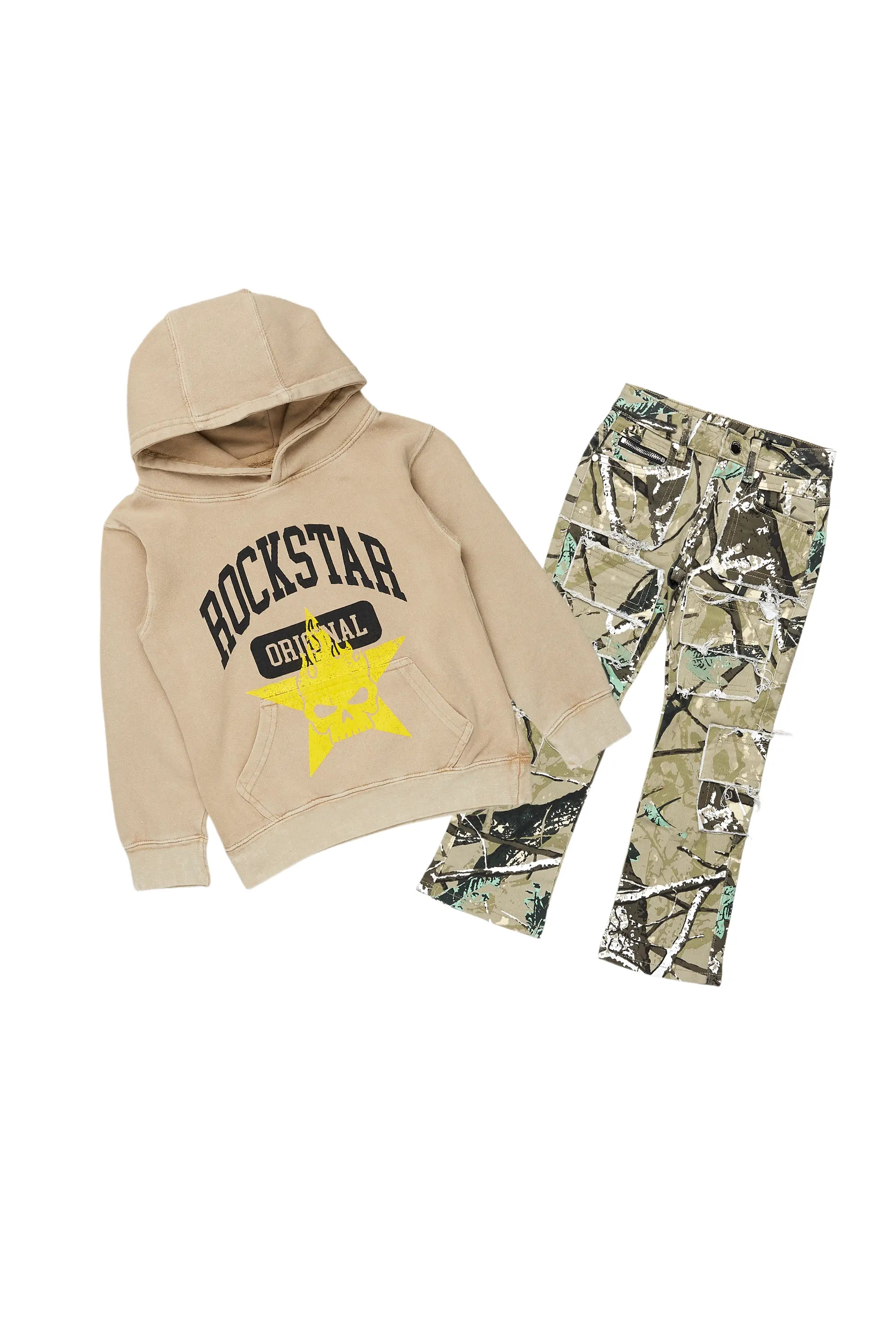 Boys Semaj Vintage Beige Hoodie/Slim Fit Jean Set