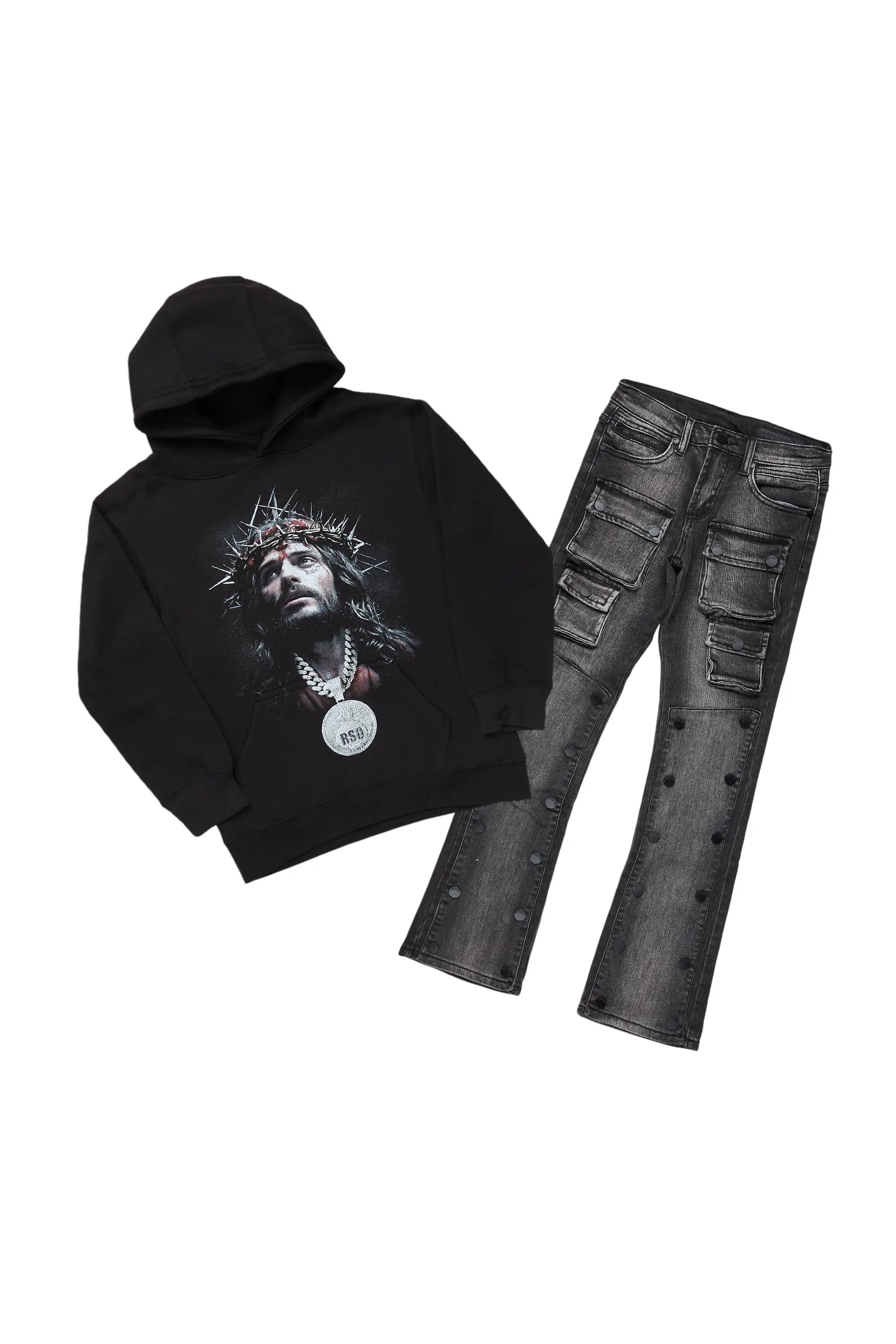 Boys Daman Black Hoodie/Stacked Flare Jean Set