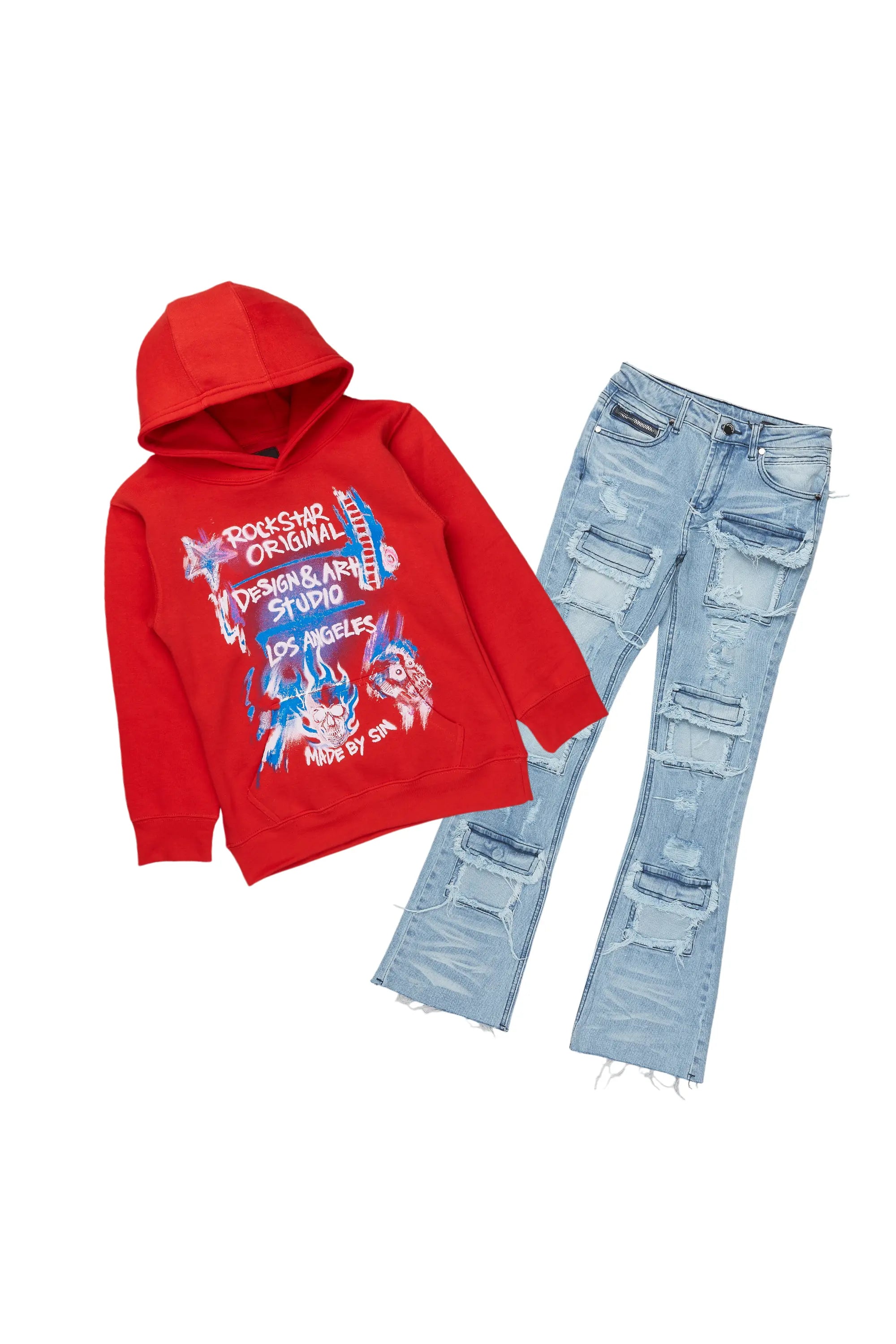 Boys Soweto Red Hoodie/Stacked Flare Jean Set