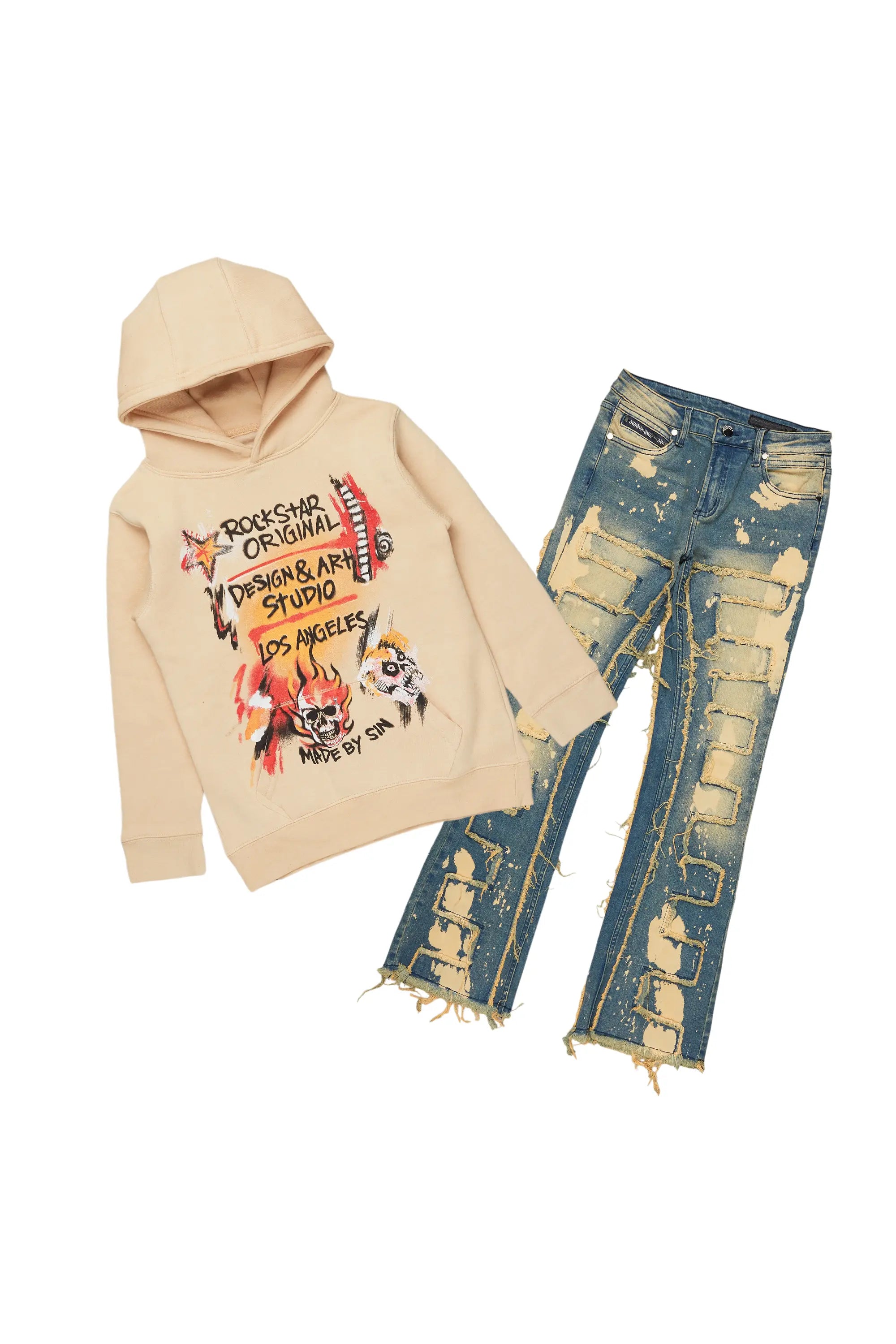 Boys Soweto Vintage Beige Hoodie/Stacked Flare Jean Set