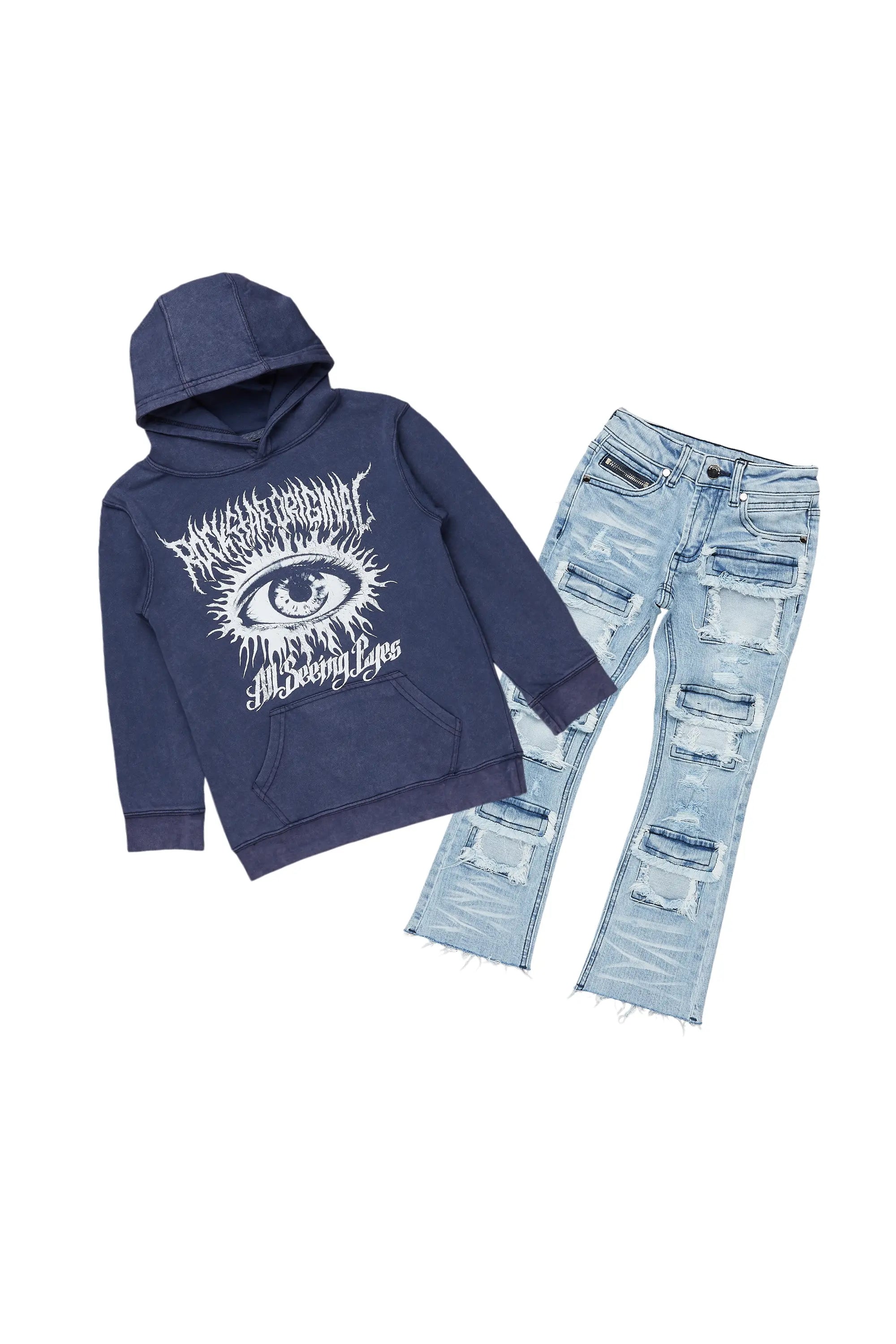 Boys All Eyes Vintage Navy Hoodie/Stacked Flare Jean Set