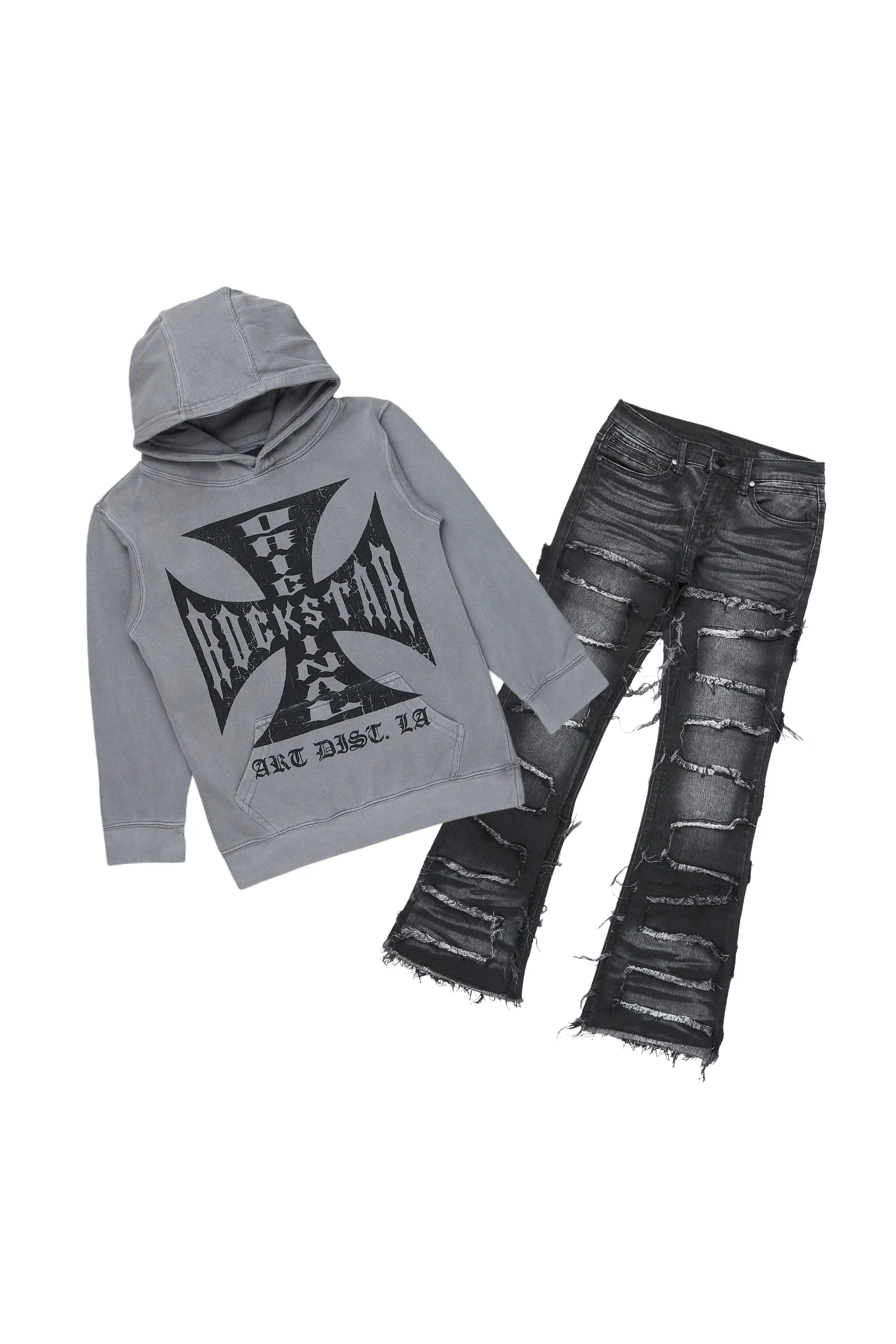 Boys Udell Vintage Black Hoodie/Stacked Flare Jean Set