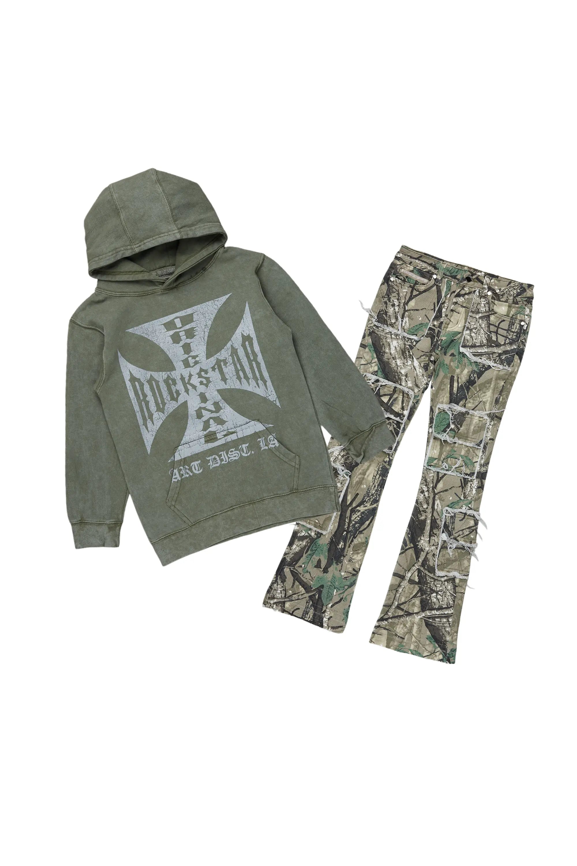 Boys Udell Vintage Green Hoodie/Stacked Flare Jean Set