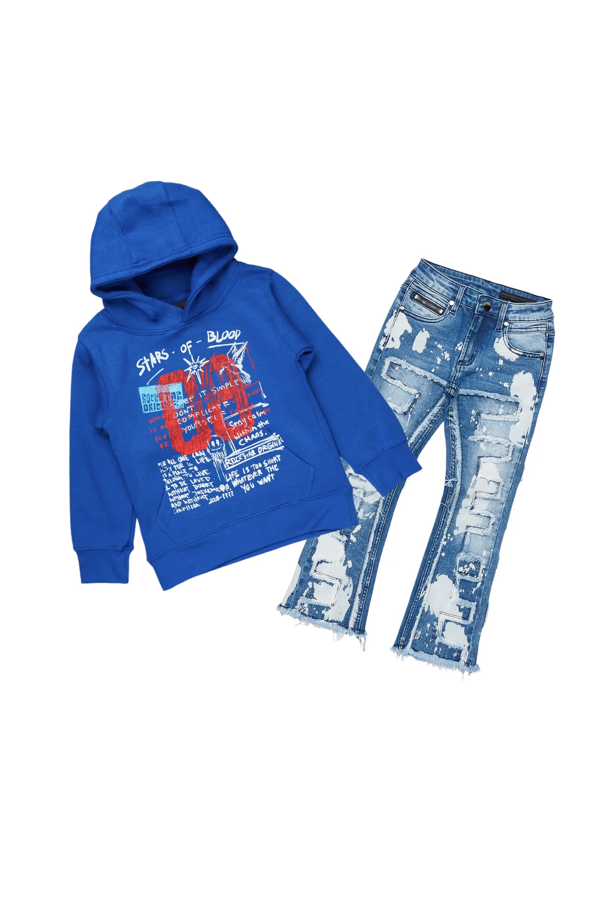 Boys Gabin Royal Blue Hoodie/Stacked Flare Jean Set