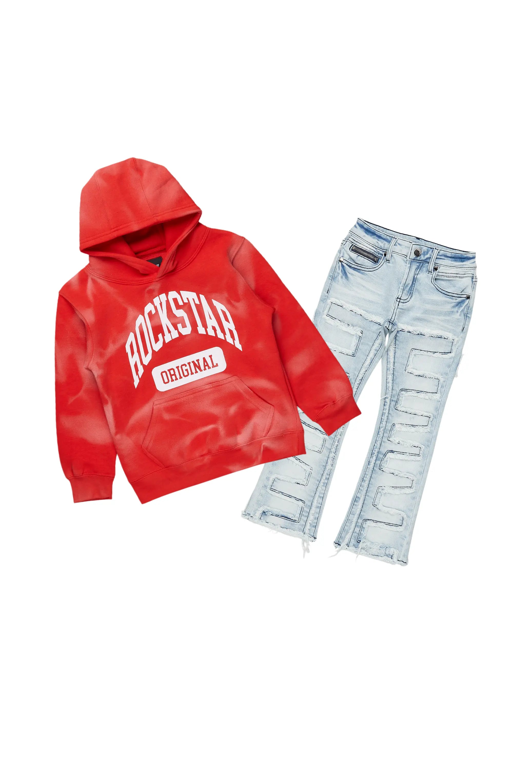 Boys Member Red/Blue Hoodie/Stacked Flare Jean Set