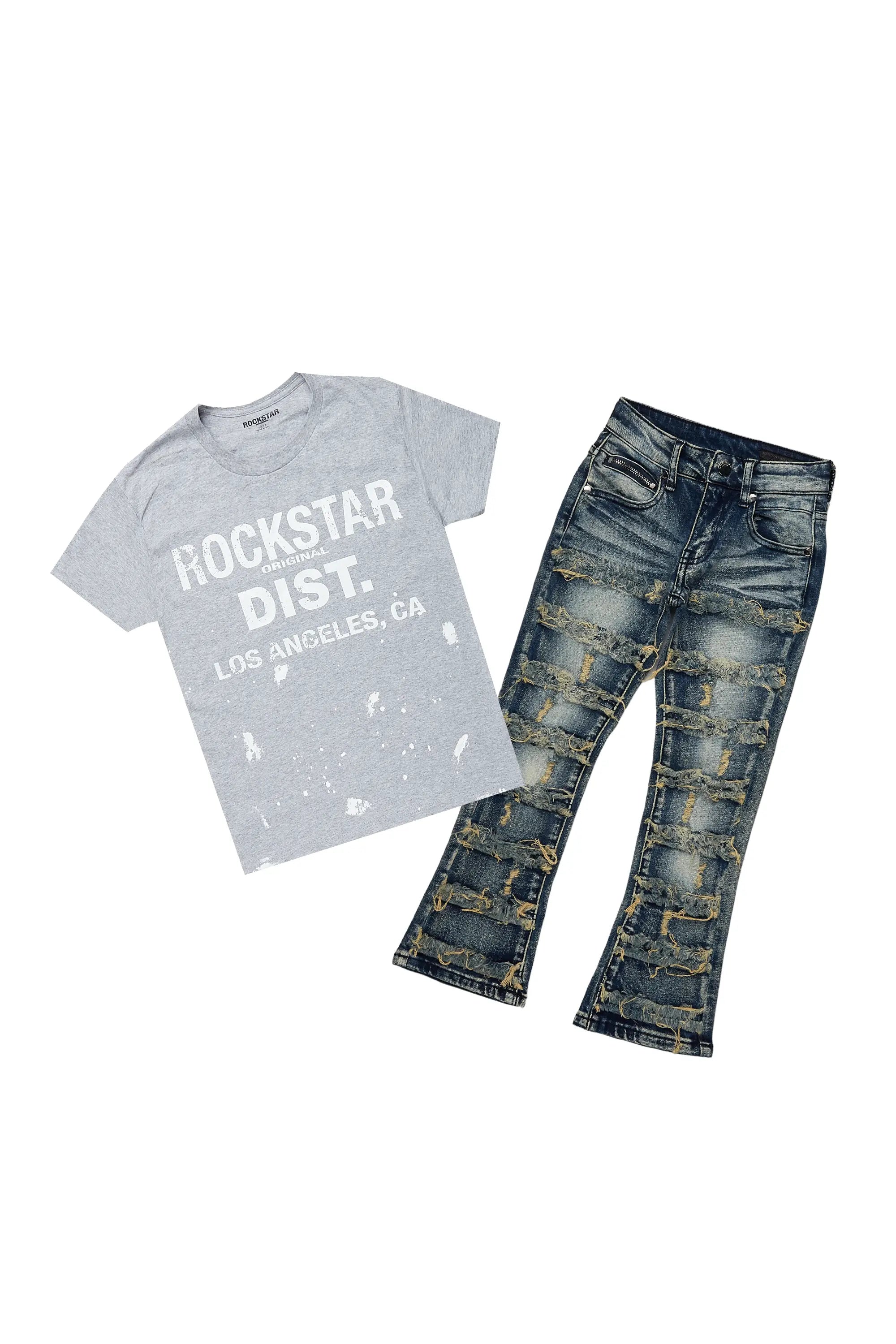 Boys Folly Grey/Blue T-Shirt/Stacked Flare Jean Set