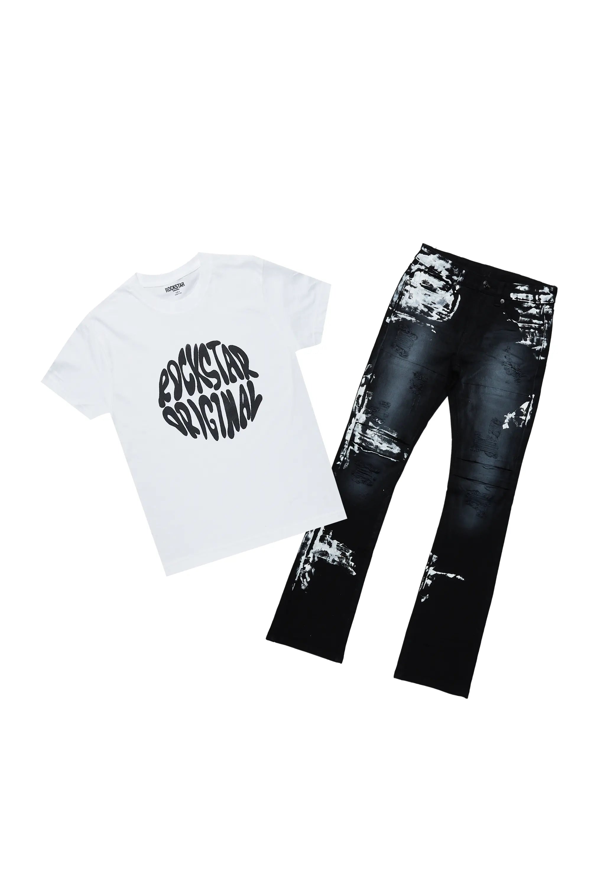 Boys Odell White T-Shirt/Stacked Flare Jean Set