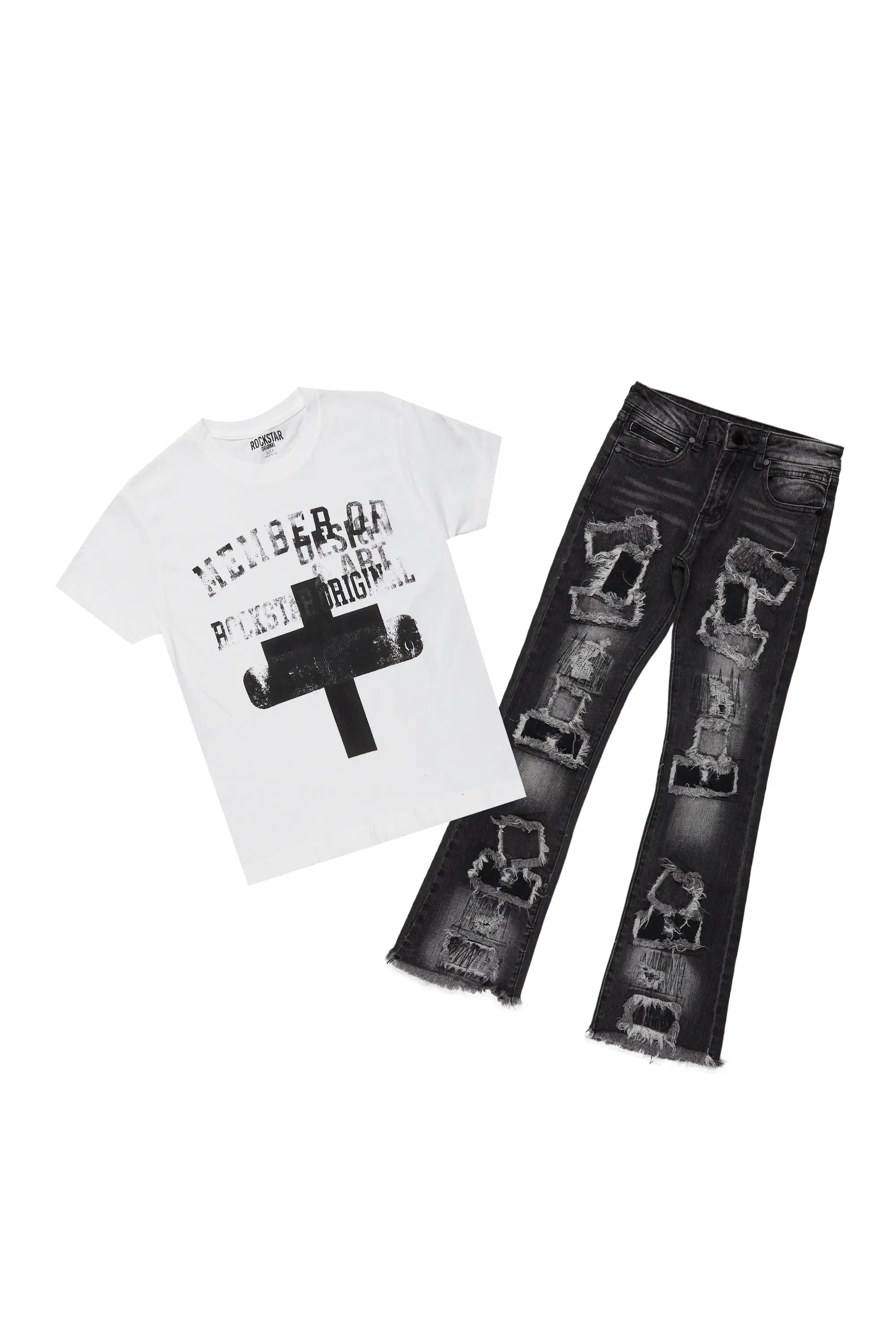 Boys Alaric Grey/White T-Shirt/Stacked Flare Jean Set