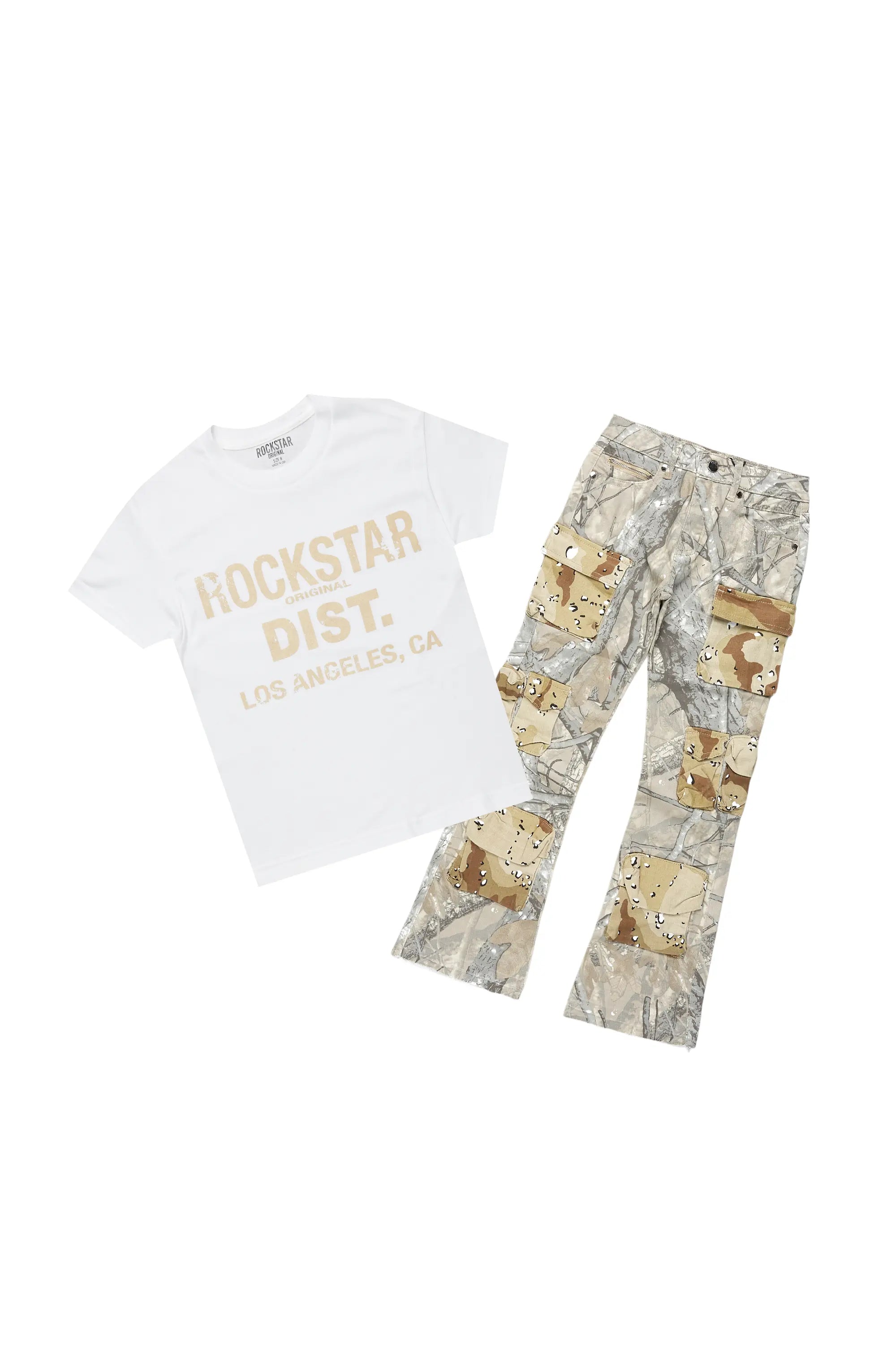 Boys Koen Beige Tree Camo T-Shirt/Stacked Flare Jean Set