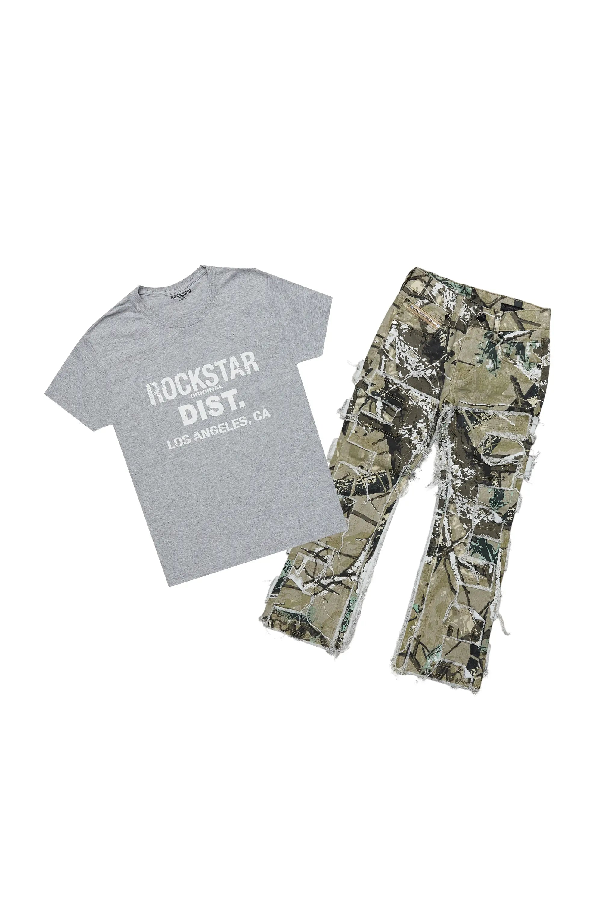 Boys Kyaire Grey/Tree Camo T-Shirt/Stacked Flare Jean Set