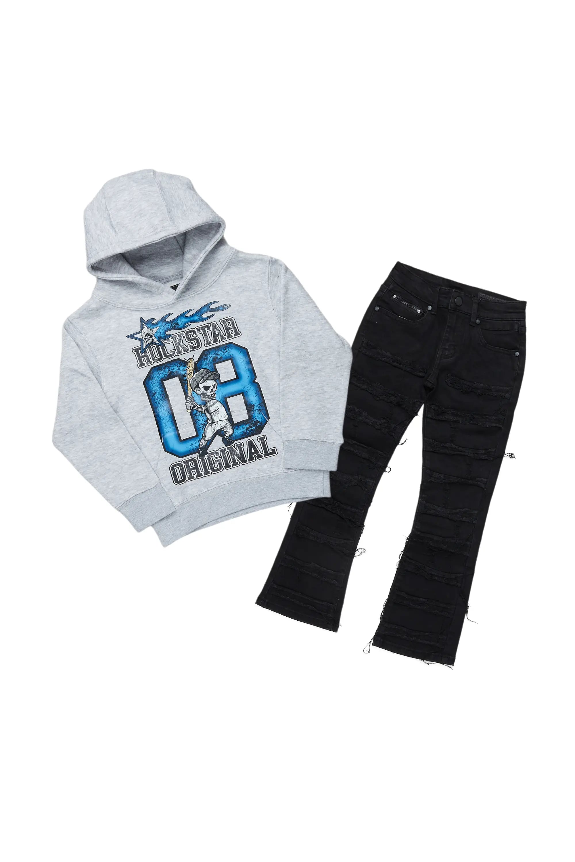 Boys Raylan Grey/Black Hoodie/Stacked Flare Jean Set