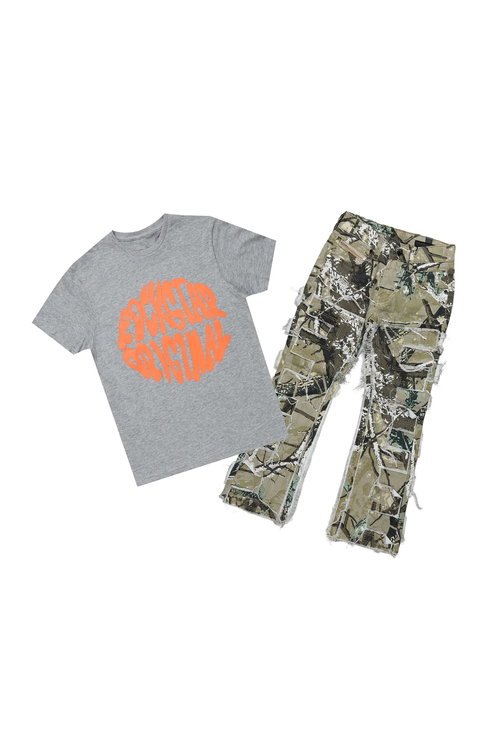 Boys Cade Tree Camo T-Shirt/Stacked Flare Jean Set