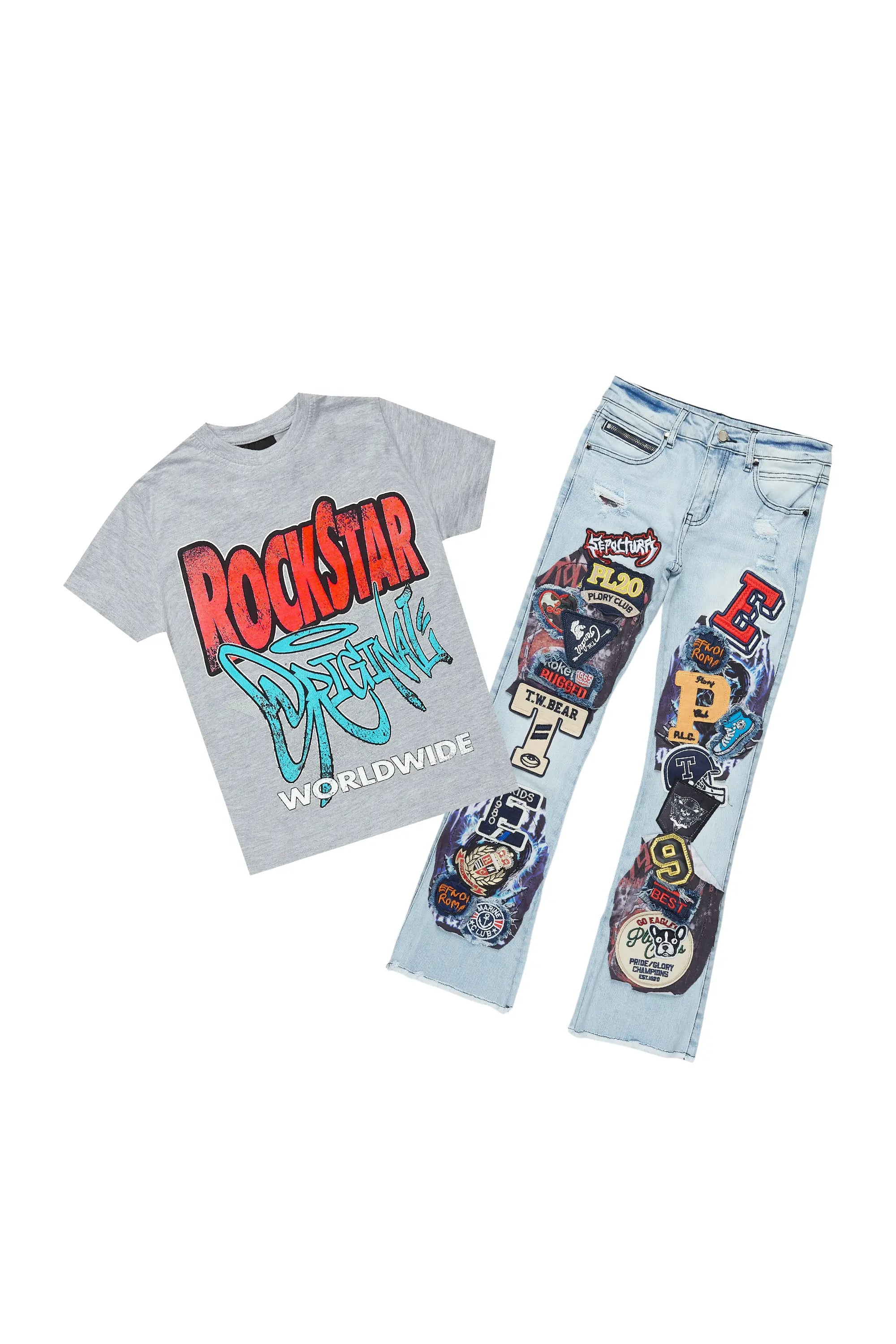 Boys Kait Blue/Grey T-Shirt/Stacked Flare Jean Set