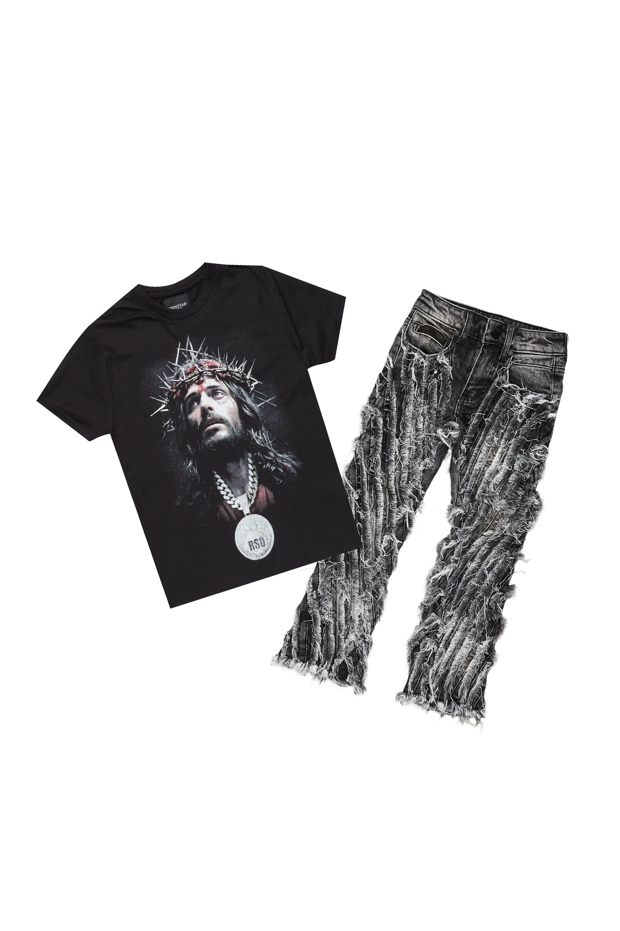 Boys Amina Black T-Shirt/Stack Flare Jean Set