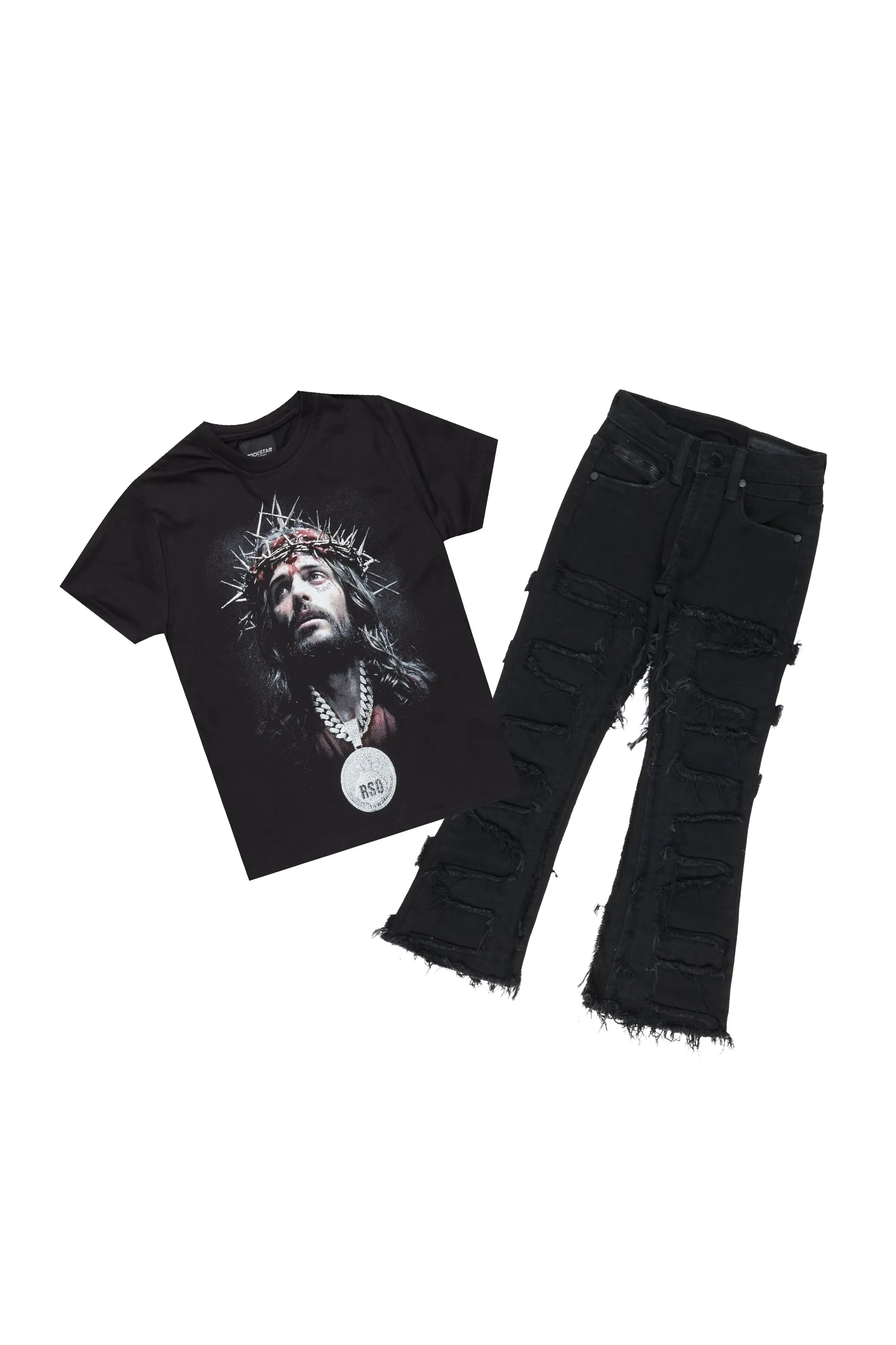 Boys Daman Black T-Shirt/Stacked Flare Jean Set