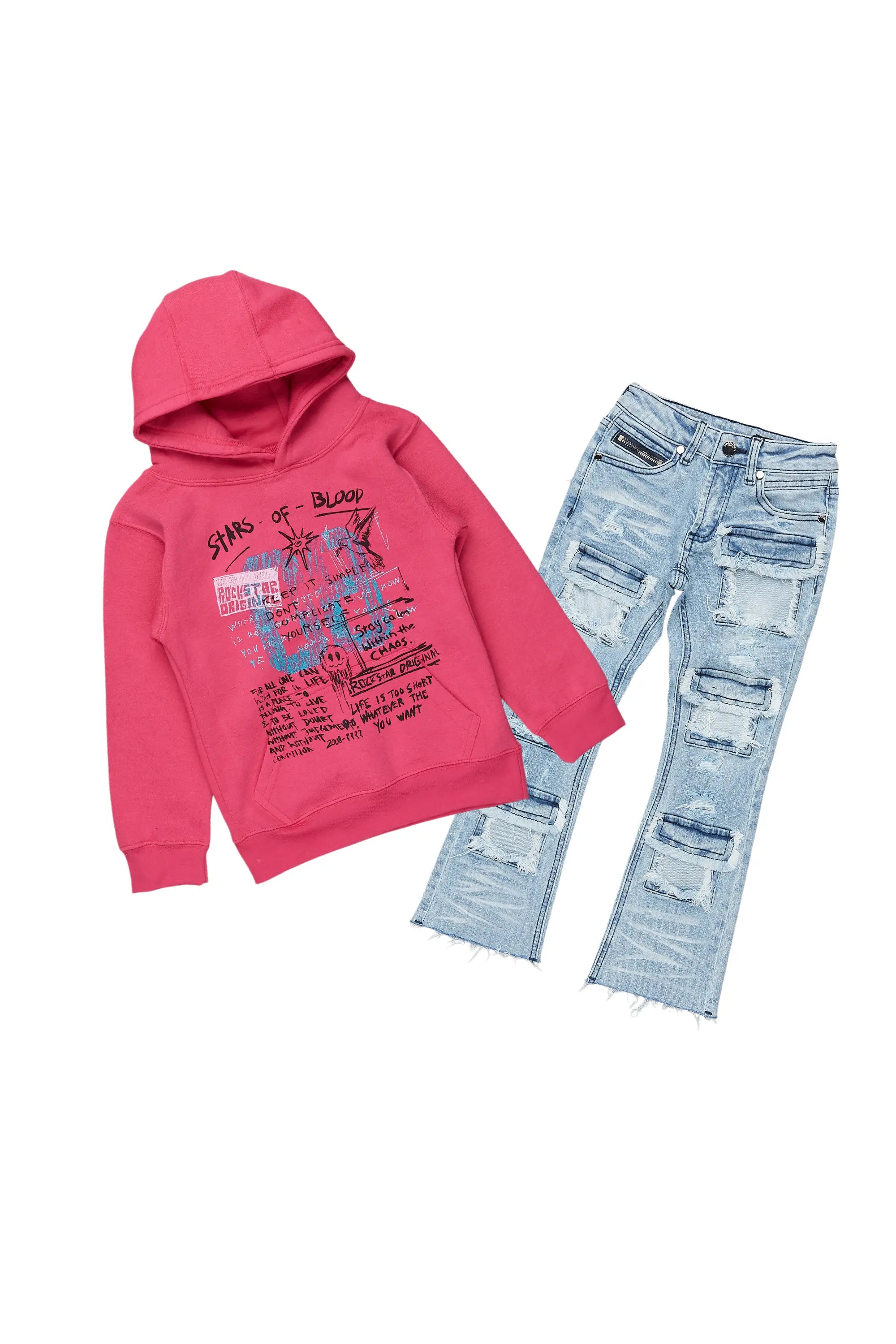 Girls Addie Pink/Blue Hoodie/Stacked Flare Jean Set