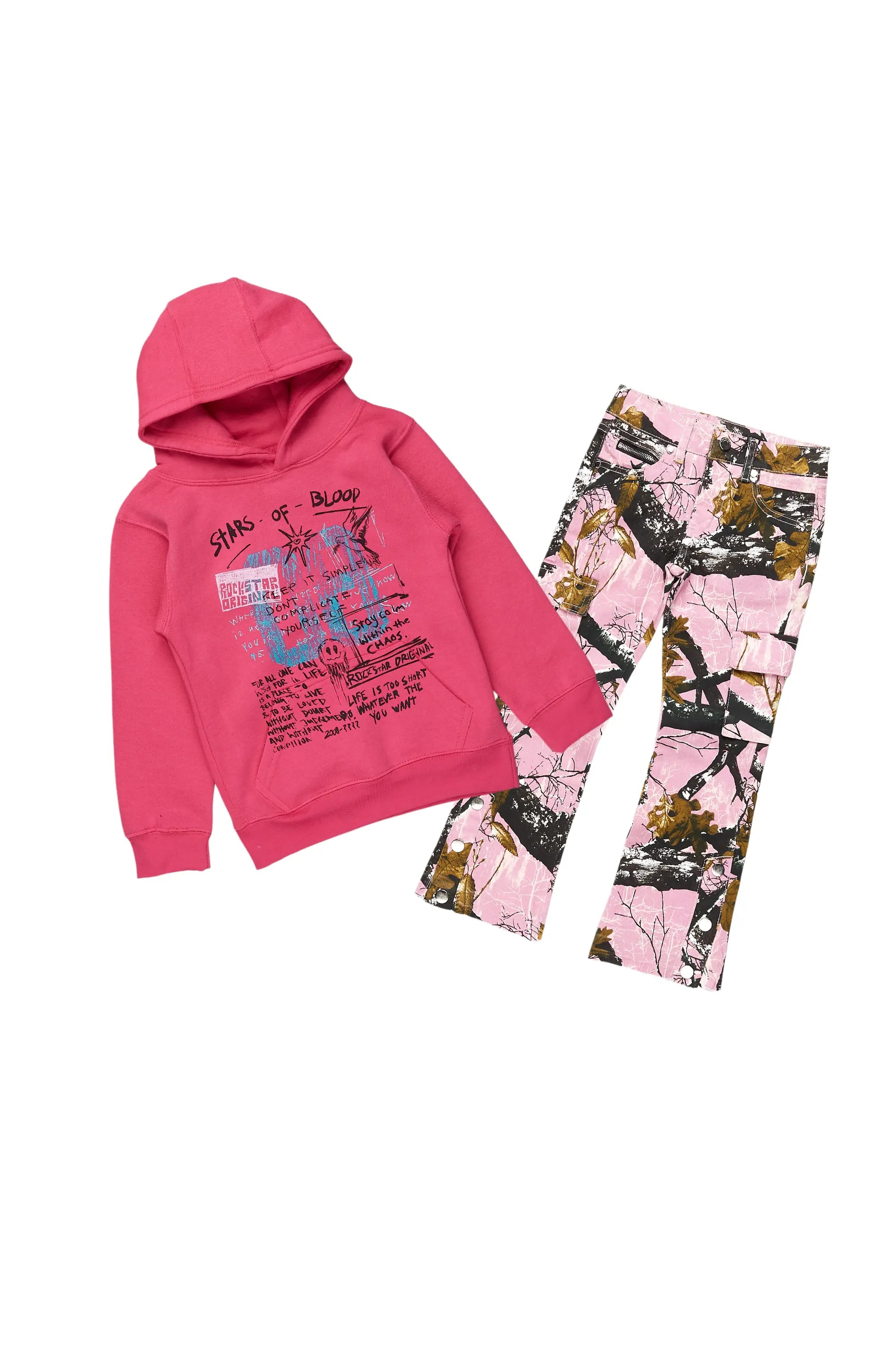 Girls Addie Pink Hoodie/Stacked Flare Jean Set