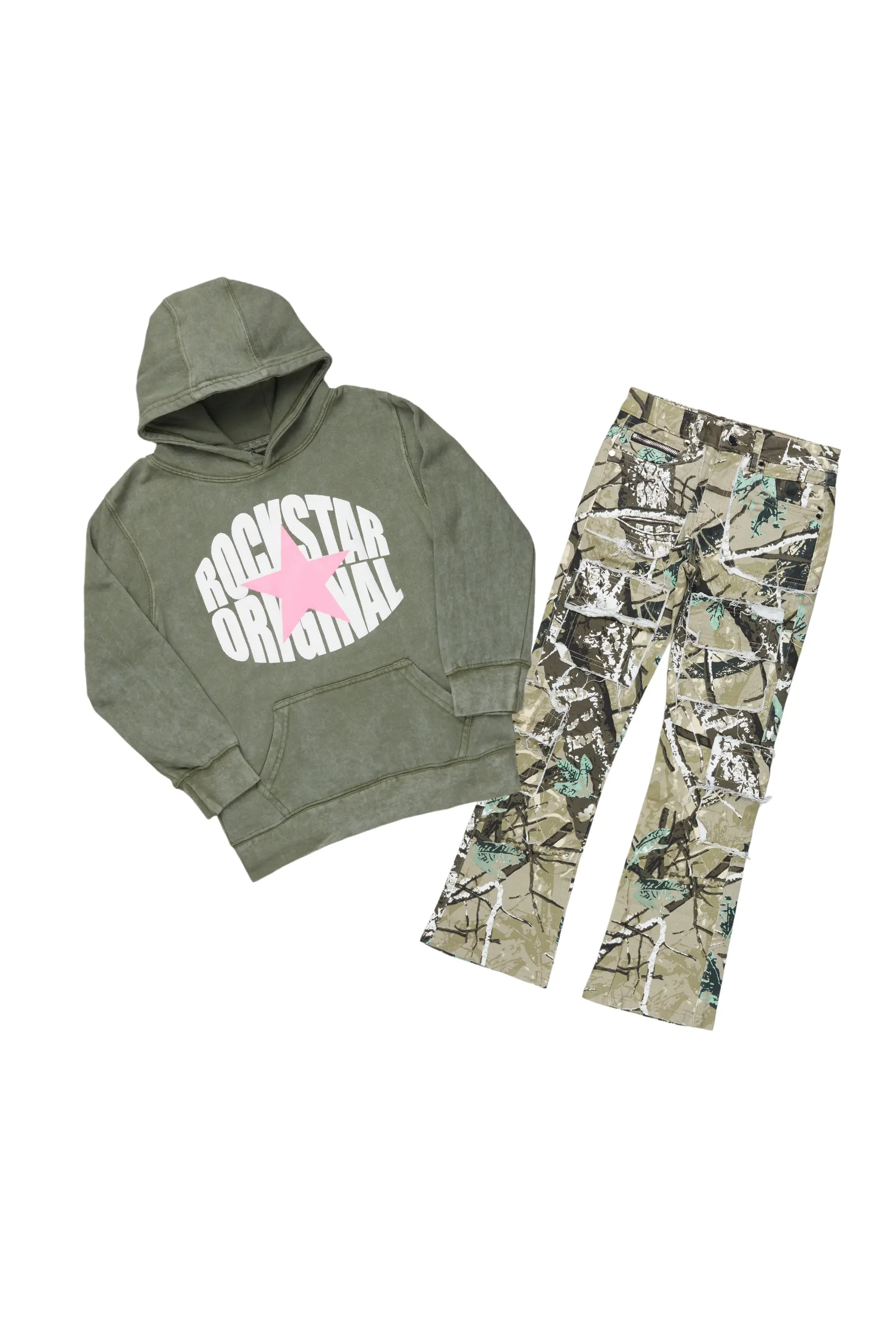 Girls Mia Vintage Green Hoodie/Slim Fit Jean Set