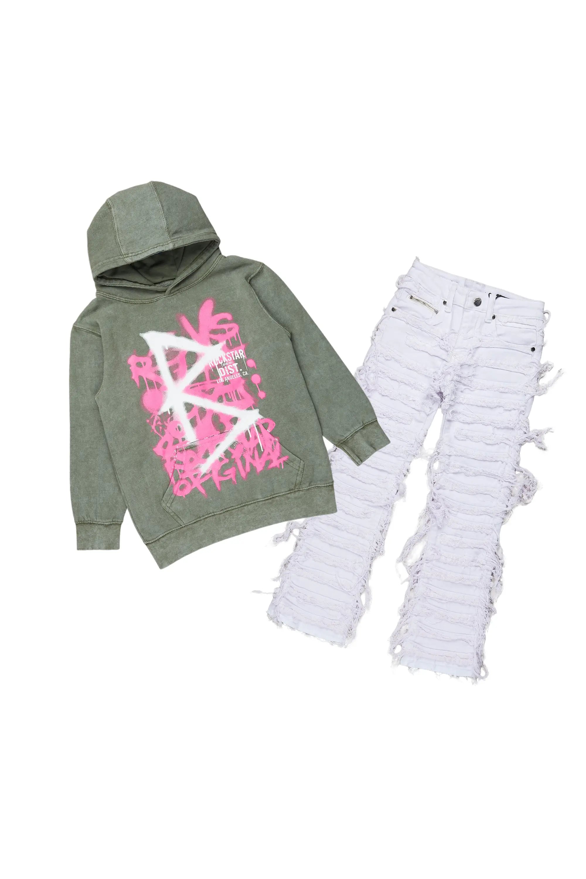 Girls Nahomy Vintage Green Hoodie/Stacked Flare Jean Set