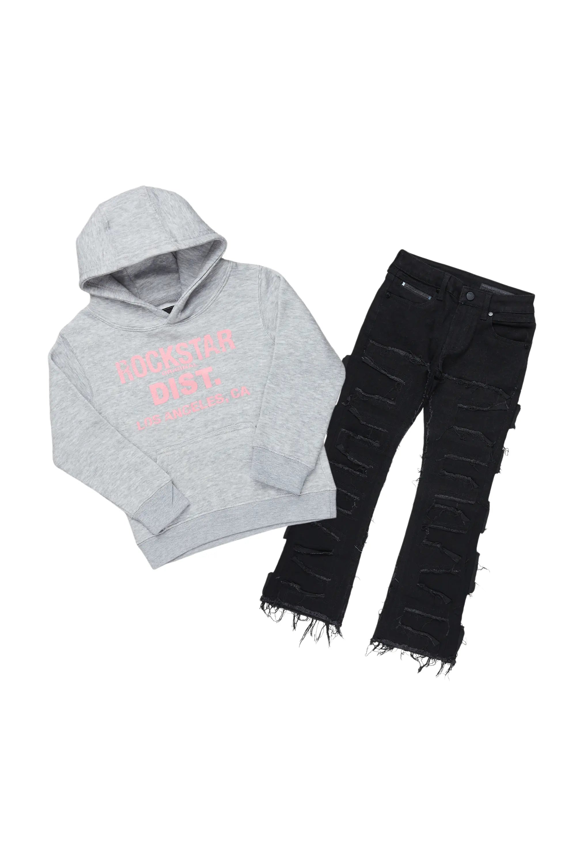 Girls Janny Grey/Black Hoodie/Stacked Flare Jean Set