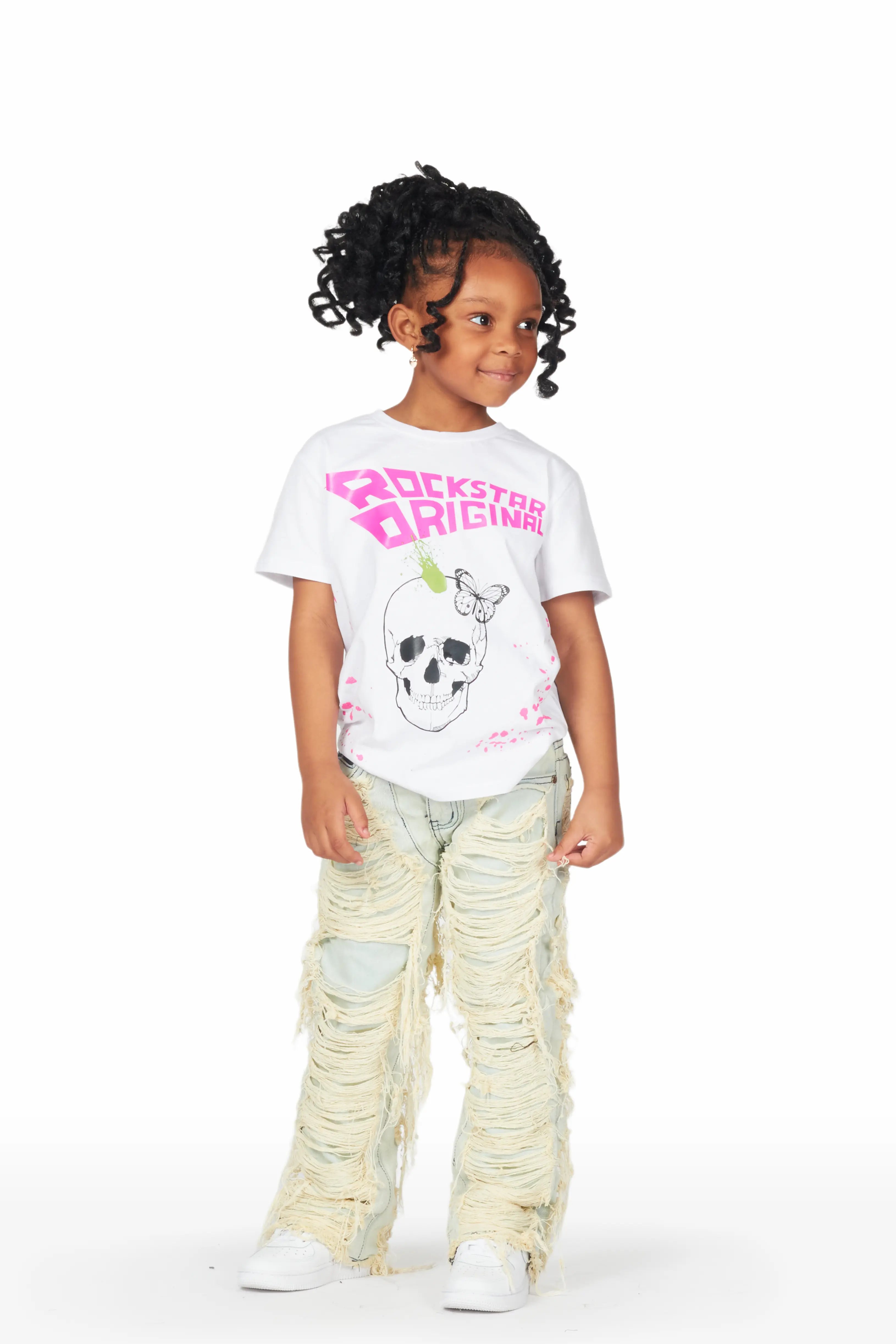 Girls Kaili White/Blue T-Shirt/Stacked Flare Jean Set