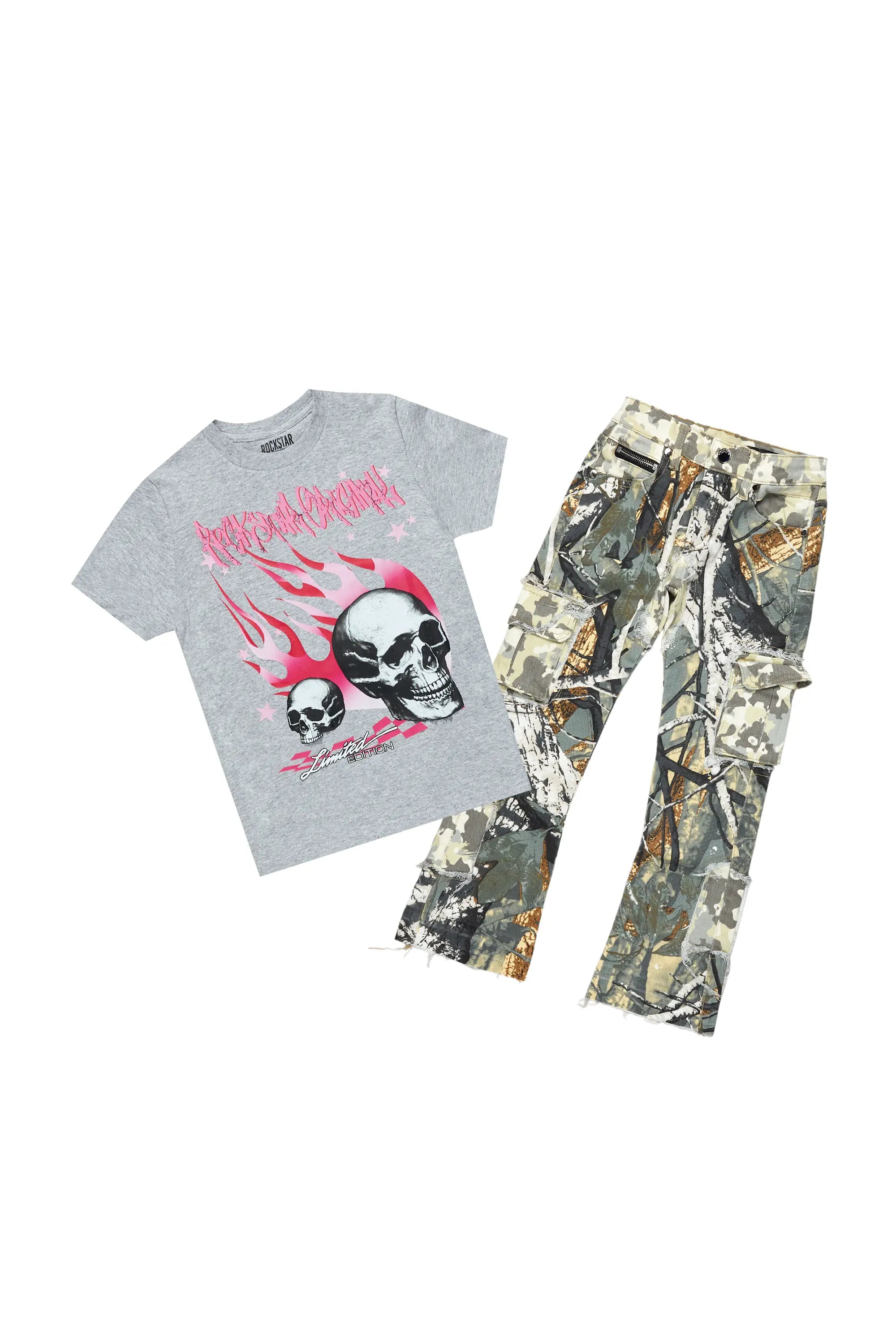 Girls Talie Tree Camo T-Shirt/Stacked Flare Jean Set