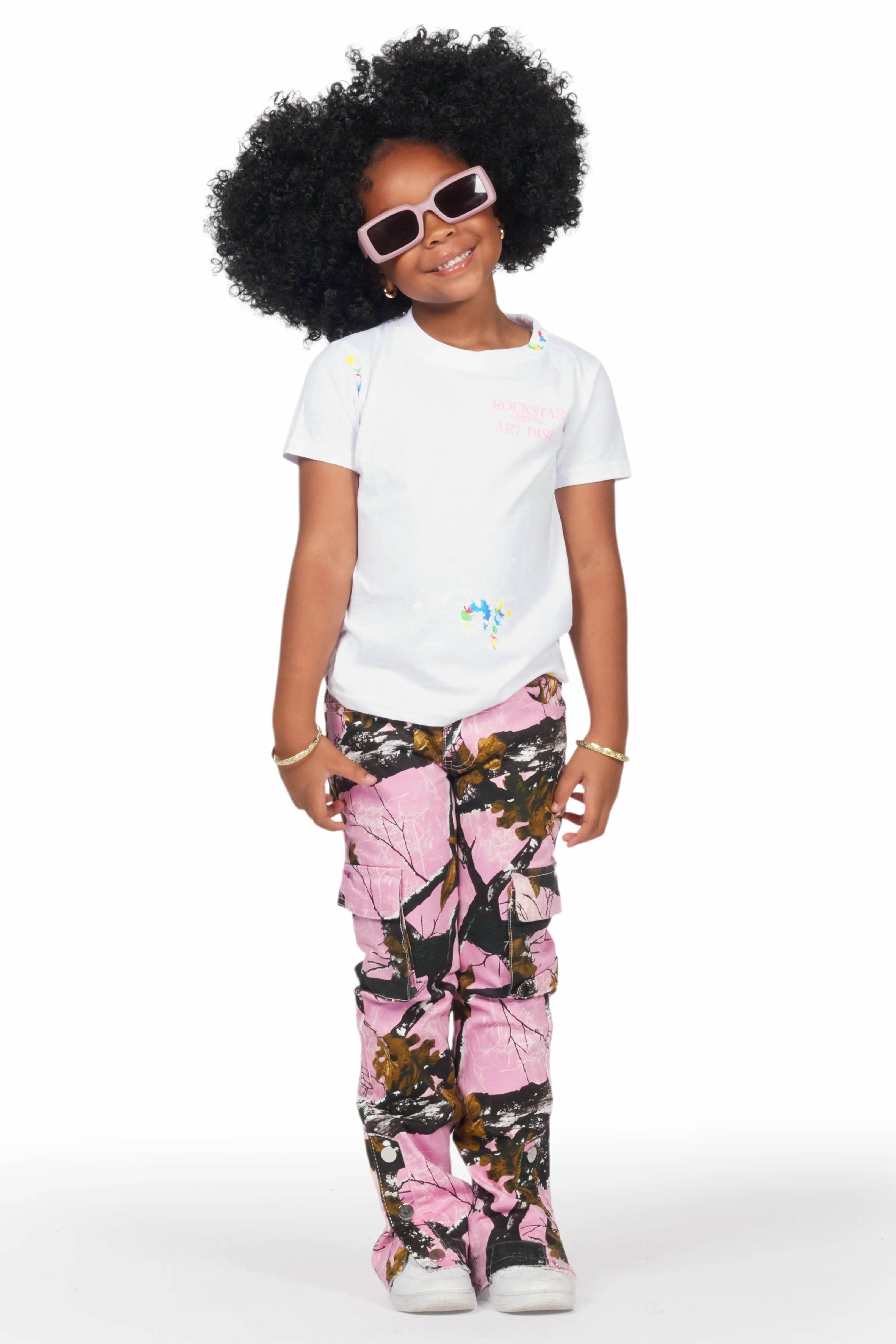 Girls Rasida White/Pink T-Shirt/Stacked Flare Jean Set