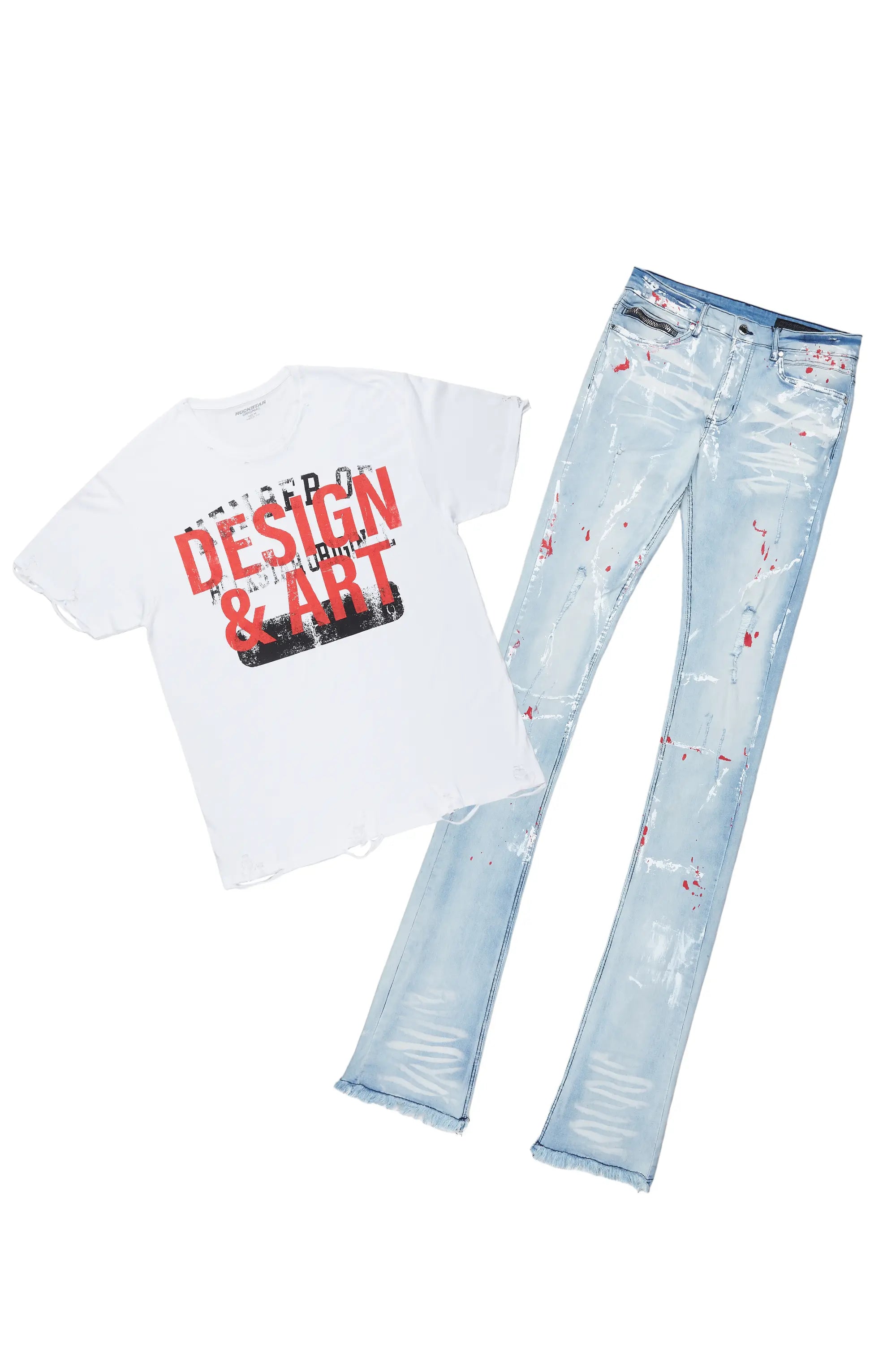 Magar White T-Shirt/Super Stacked Flare Jean Set