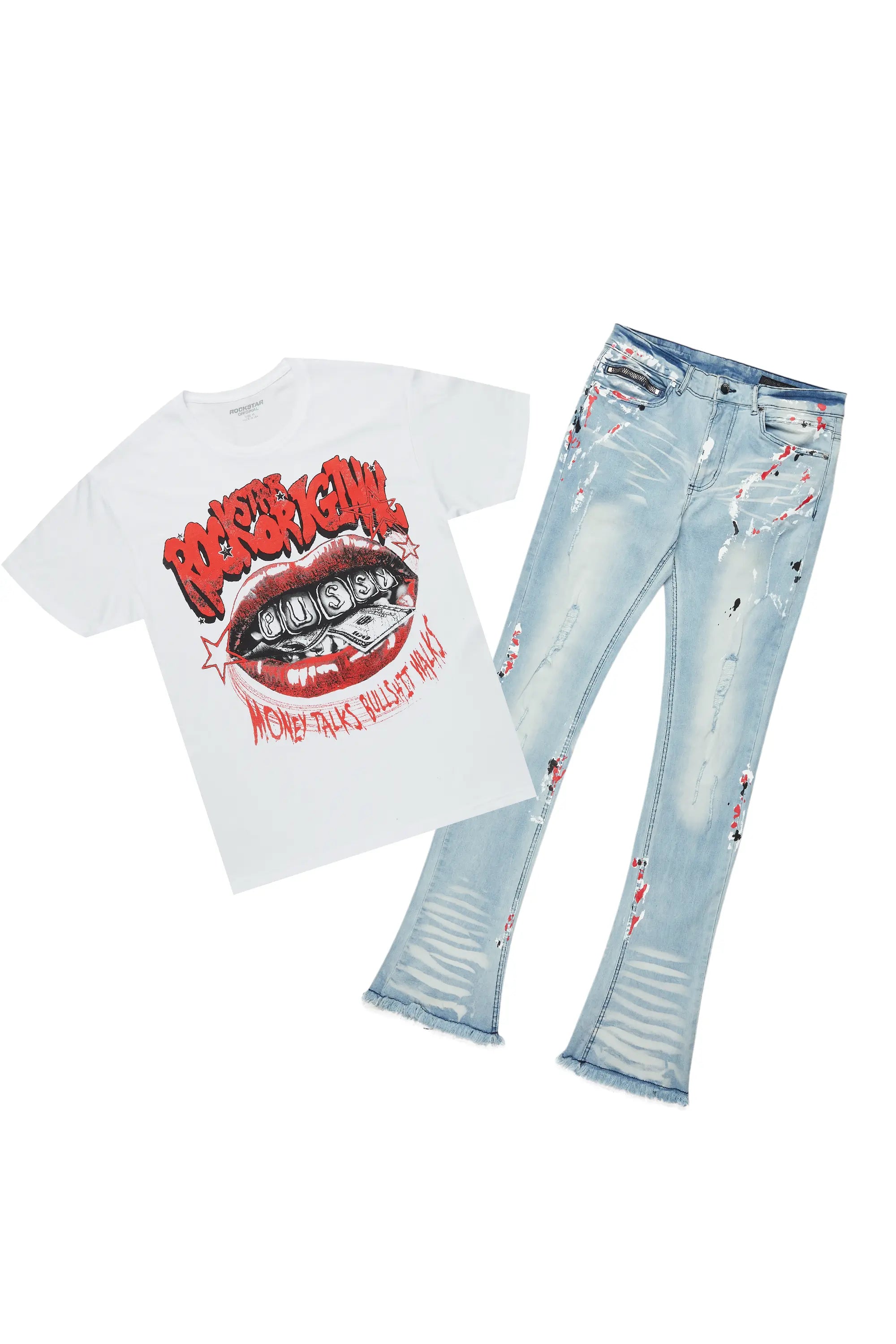 Bloke White/Blue T-Shirt/Stacked Flare Jean Set