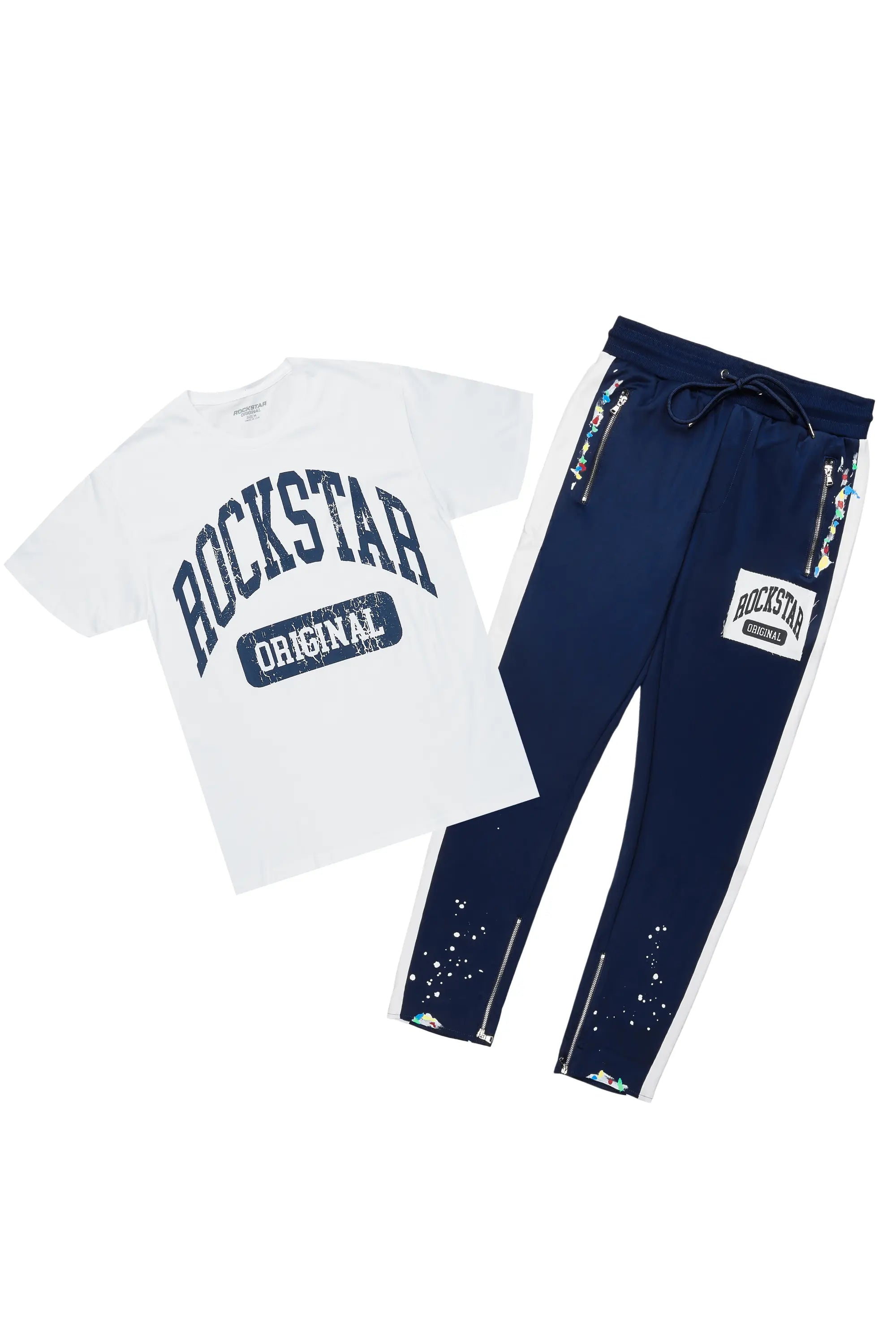 Aden White/Navy T-Shirt/Slim Fit Track Set