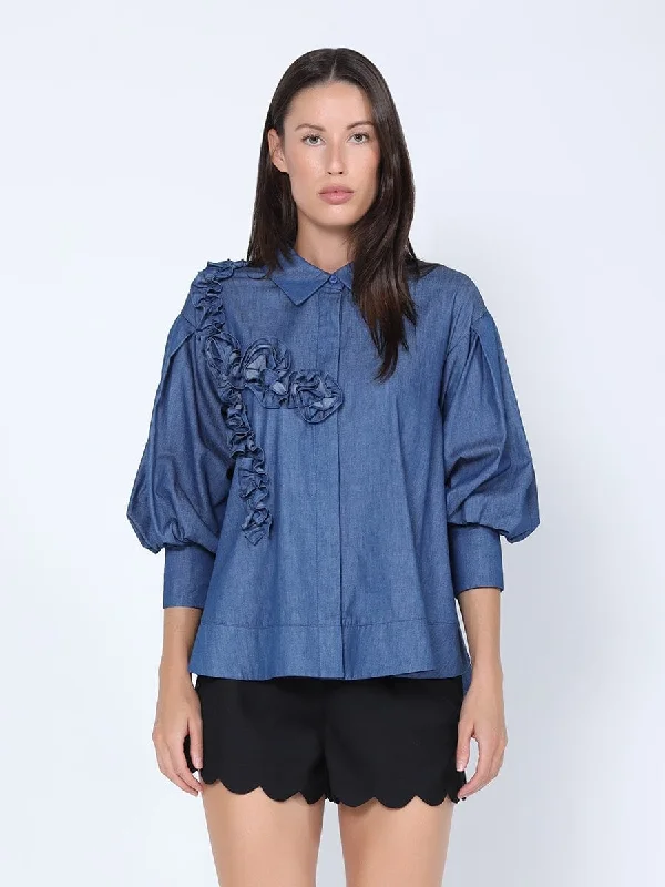 Ruffle Front Loose Fit Puff Sleeve Denim Shirt