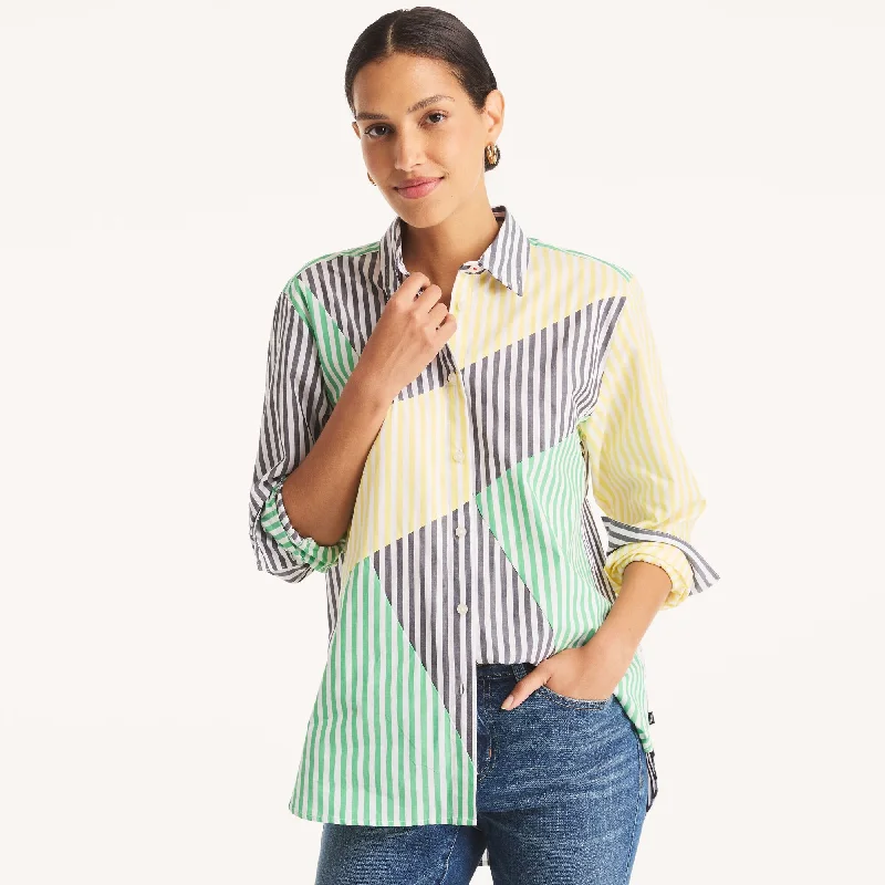 Nautica Womens Striped Patchwork Button-Up Shirt