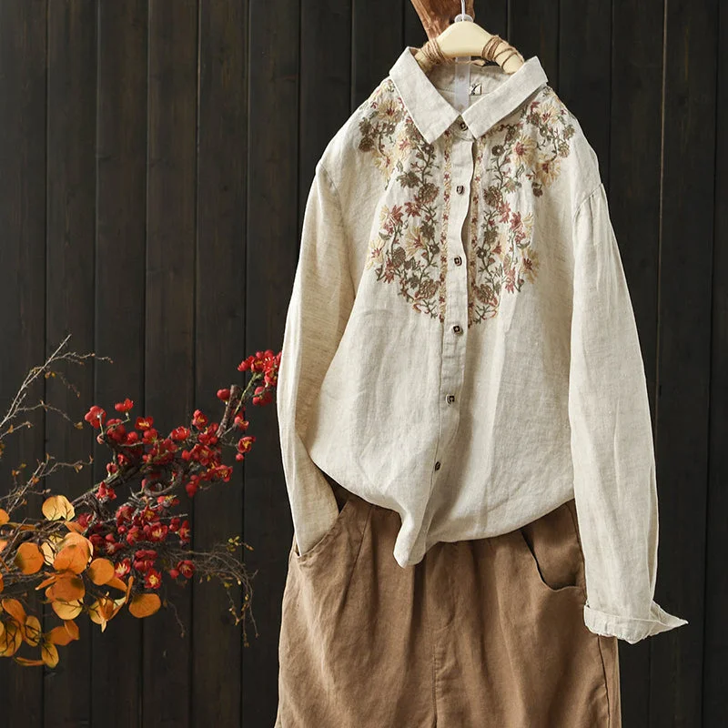 Women Vintage Embroidered Floral Casual Linen Shirt