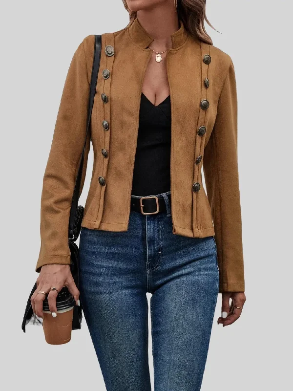 Women's Suede Funnel Neck Jacket – Button Decor, Long Sleeve Casual Outerwear for Fall & Winter