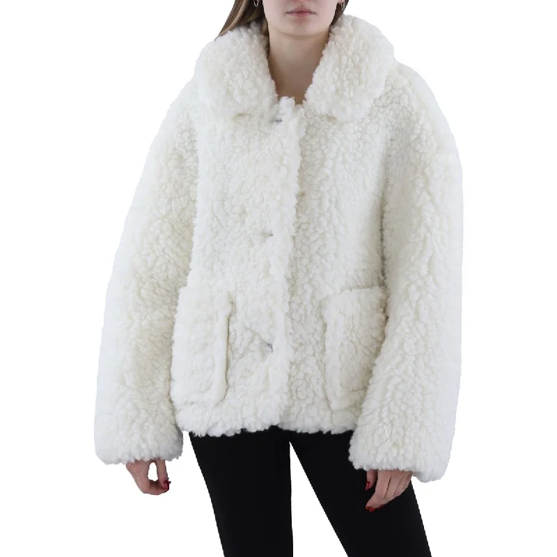 DKNY Jeans Womens Sherpa Long Sleeve Faux Fur Coat